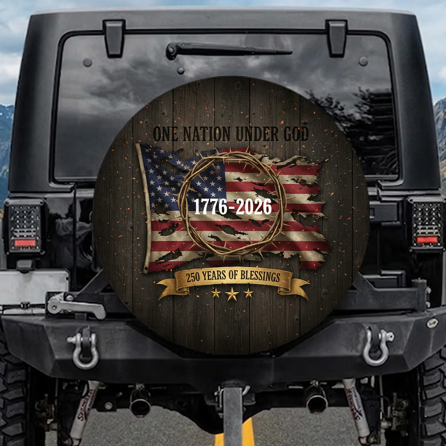 Aged American Flag Crown of Thorns 1776-2026 - 250 Year Commemoration Gift Spare Tire Cover - 1