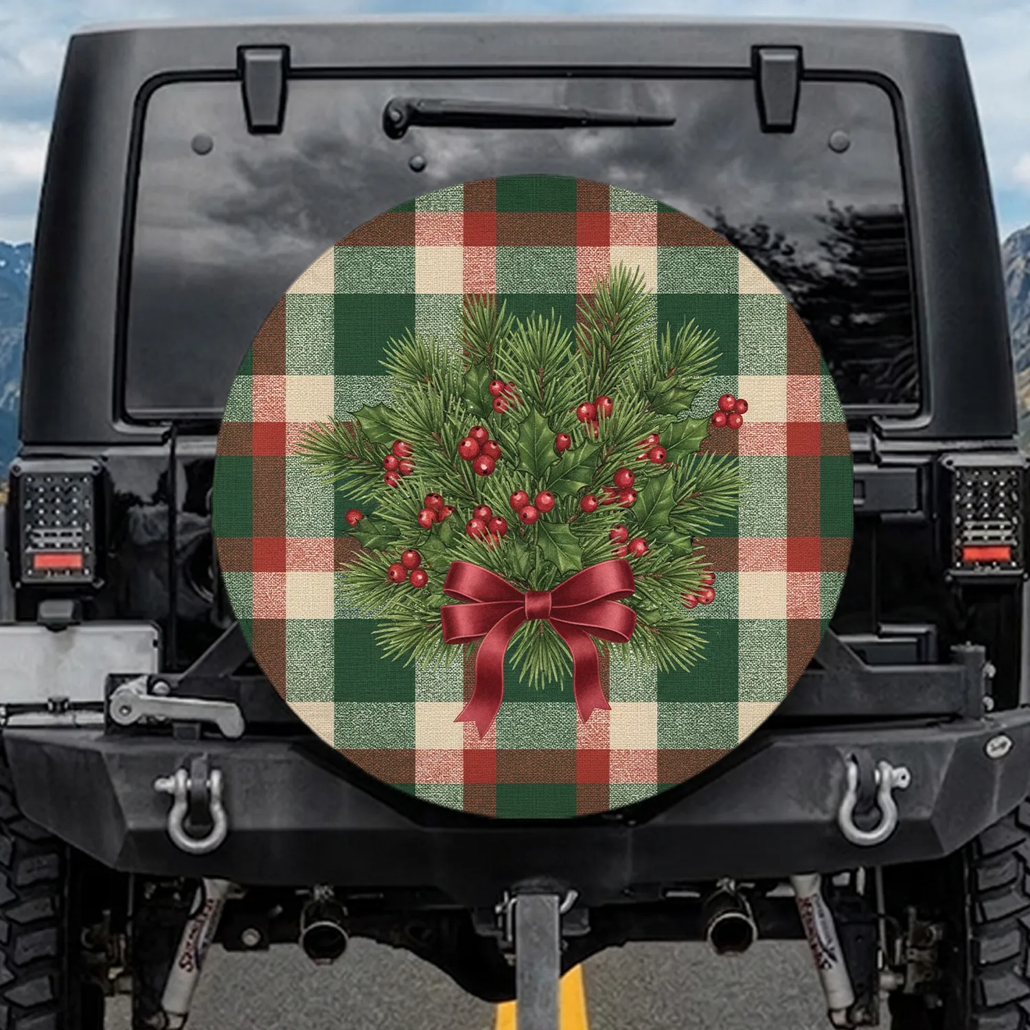 Christmas Evergreen Boughs Holly Berries Pinecones Crimson Ribbon Plaid - Christmas Holiday Decor Spare Tire Cover - 1