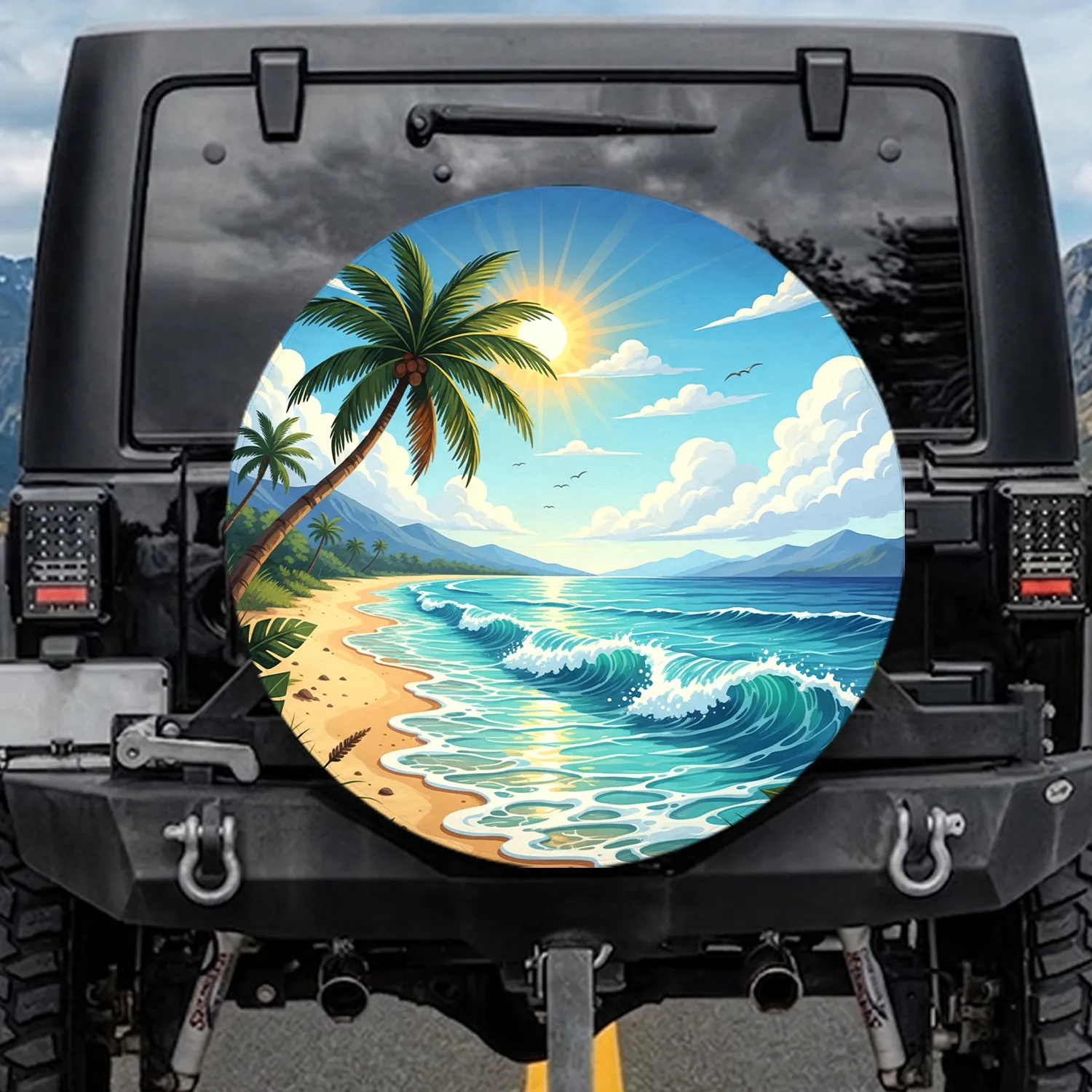 Tropical Palm Tree Beach Ocean Waves Golden Sand - Outdoor Adventure Gift Spare Tire Cover - 1