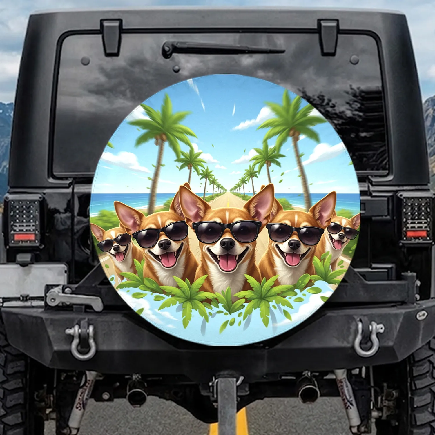 Dogs Sunglasses Coastal Road Palm Trees - Summer Vacation Travel Gift for Dog Lover Spare Tire Cover - 1