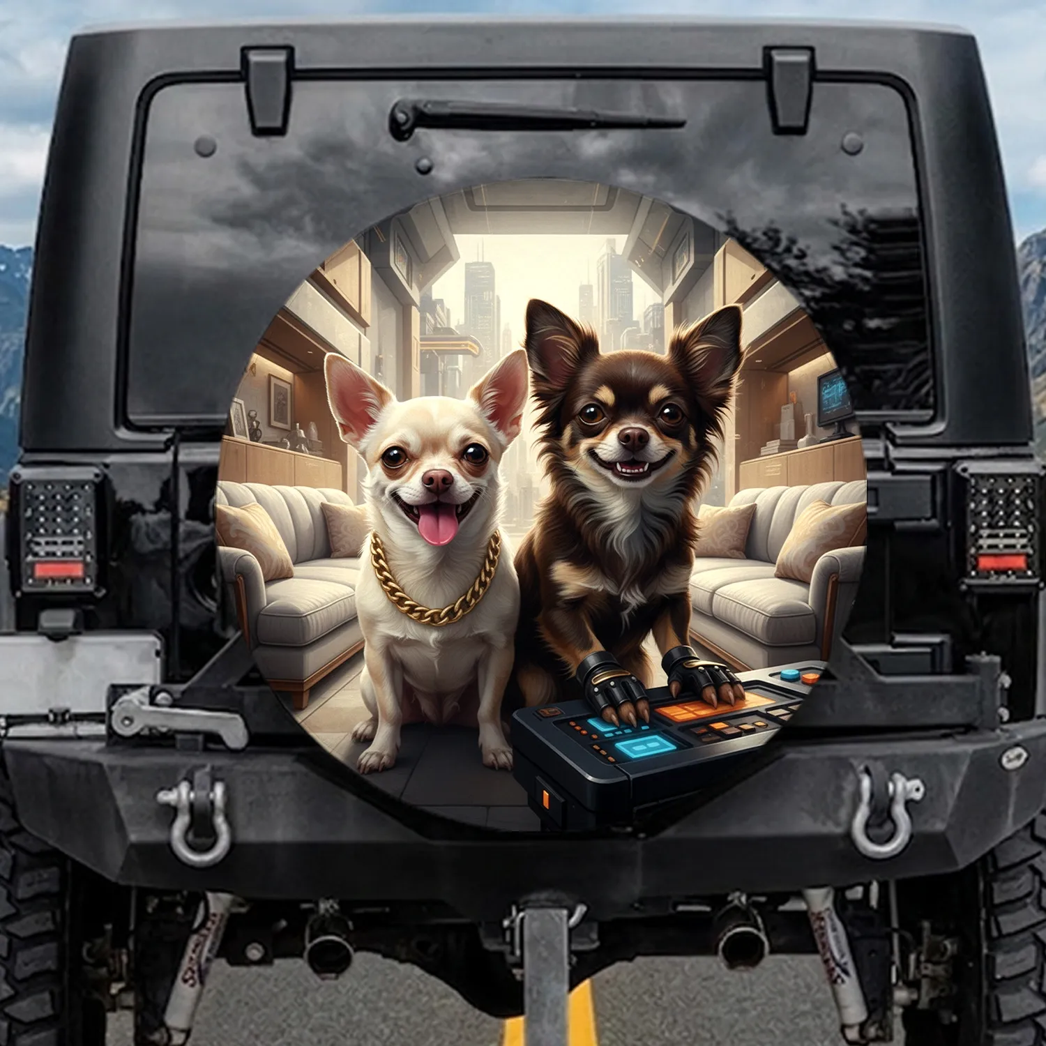 Chihuahua Dogs Gold Chain Control Panel Luxury Cityscape - Dog Lover Gift Spare Tire Cover - 1