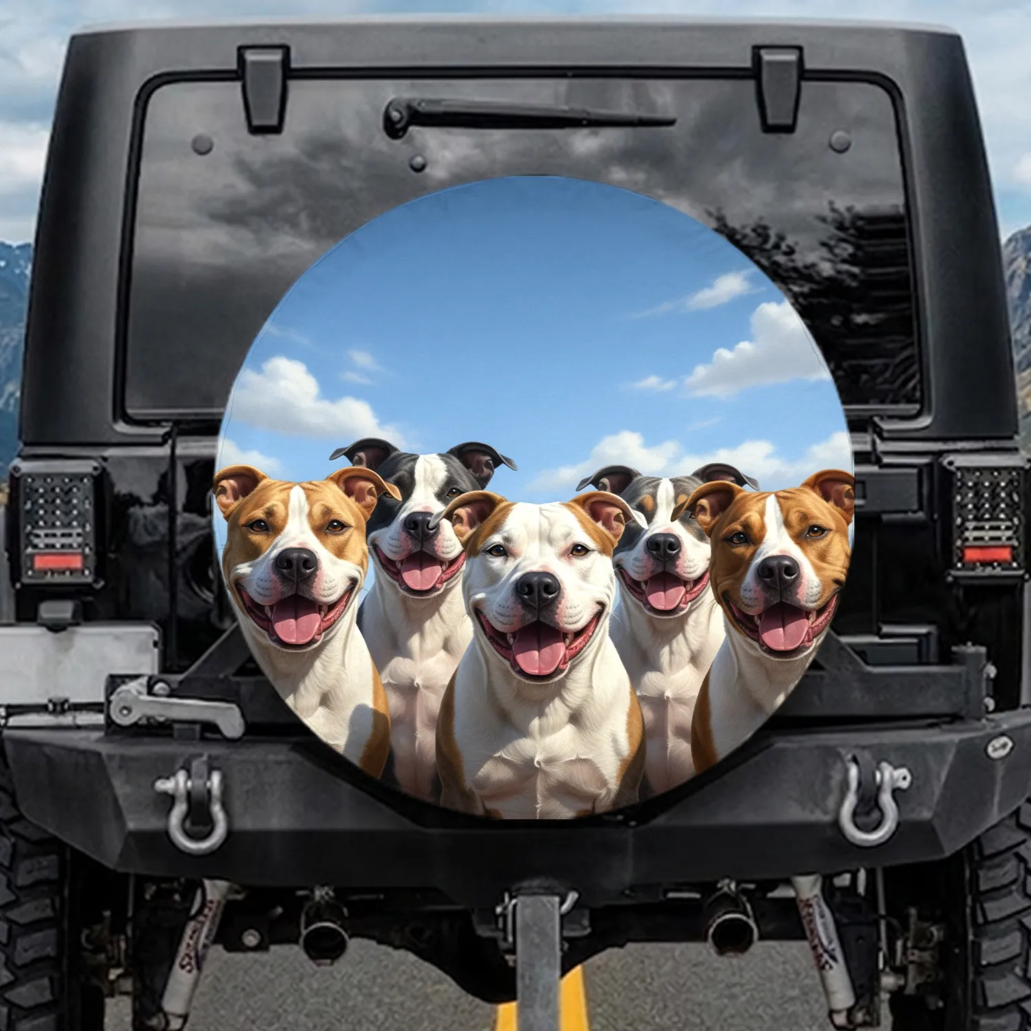 Smiling Pit Bull Dogs Blue Sky Clouds - Dog Lover Gift for Pit Bull Lovers Spare Tire Cover - 1