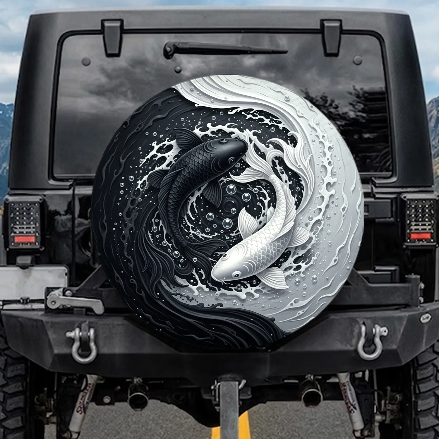 Koi Fish Yin Yang Balance - Duality Lifestyle Gift for Koi Lovers Spare Tire Cover - 1
