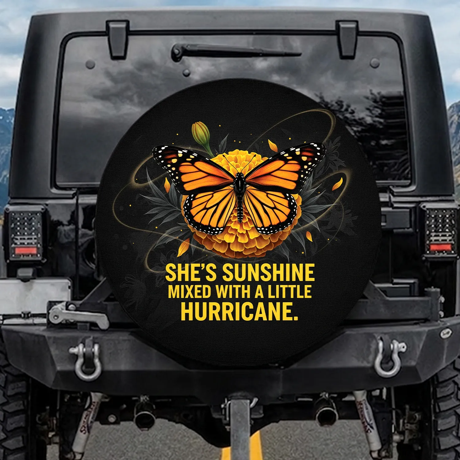 Monarch Butterfly Marigold Flower Sunshine Hurricane Quote - Wildlife Lover Gift for Her Spare Tire Cover - 1