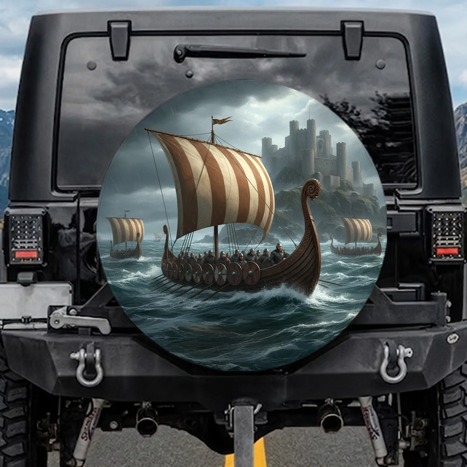 Viking Longship Stone Fortress Stormy Seascape - History Enthusiast Gift Spare Tire Cover - 1