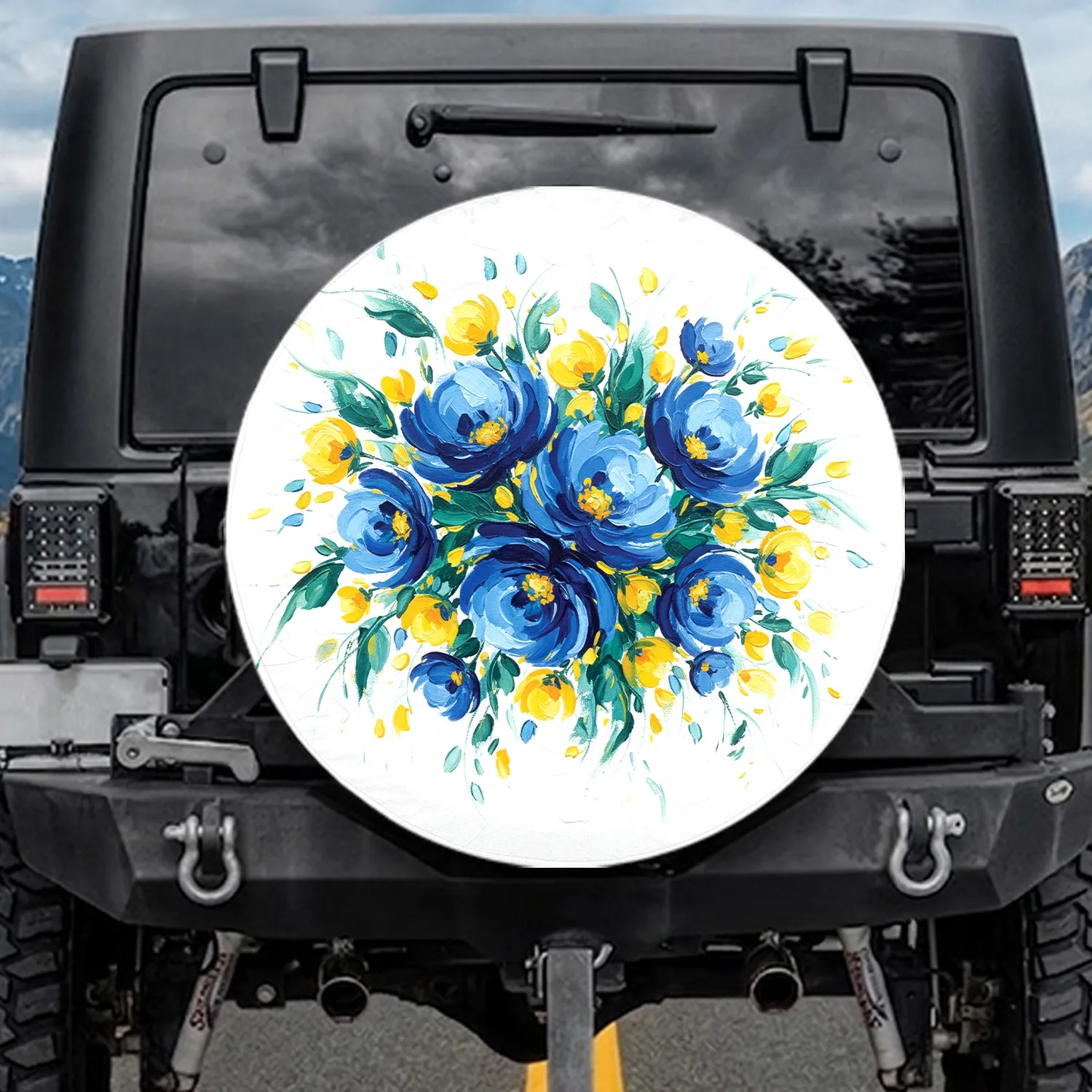 Deep Blue Sky Blue Yellow Teal Green Flowers Blossoms Leaf Shapes - Home Decor Gift Spare Tire Cover - 1