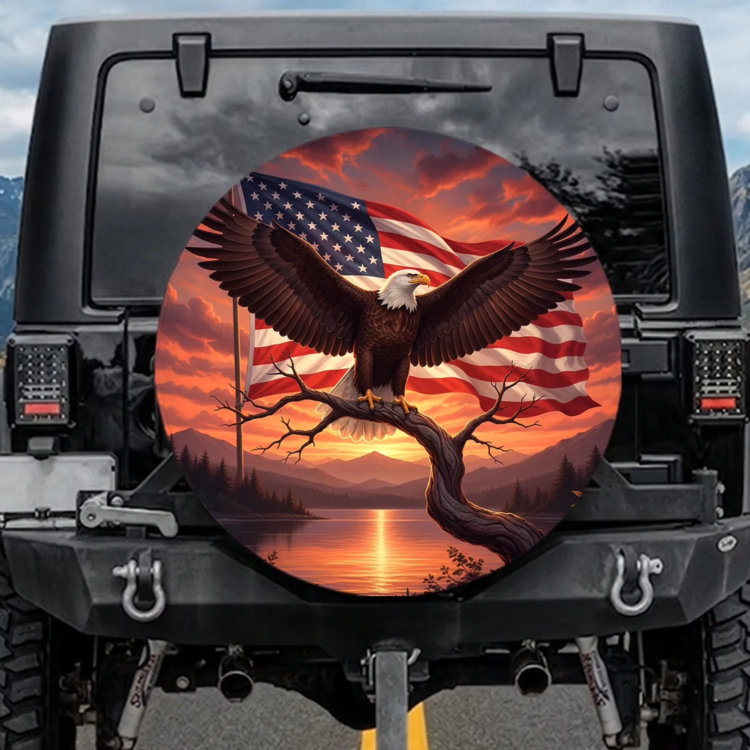 Bald Eagle American Flag Mountain Water Sunset - Independence Day Gift for Veterans Spare Tire Cover - 1
