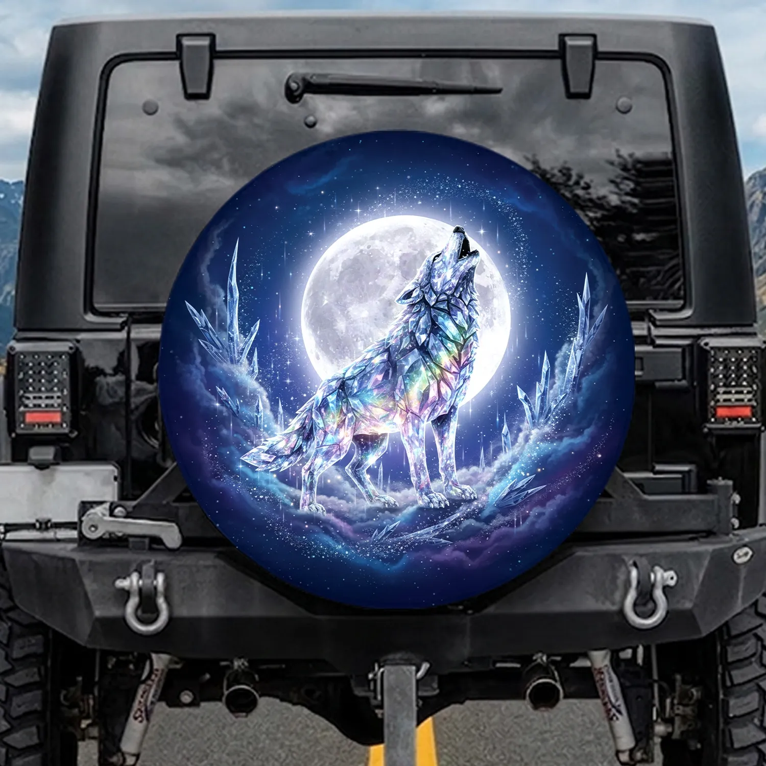 Howling Crystal Wolf Full Moon Diamond Dust Celestial Sky - Fantasy Lover Gift Spare Tire Cover - 1