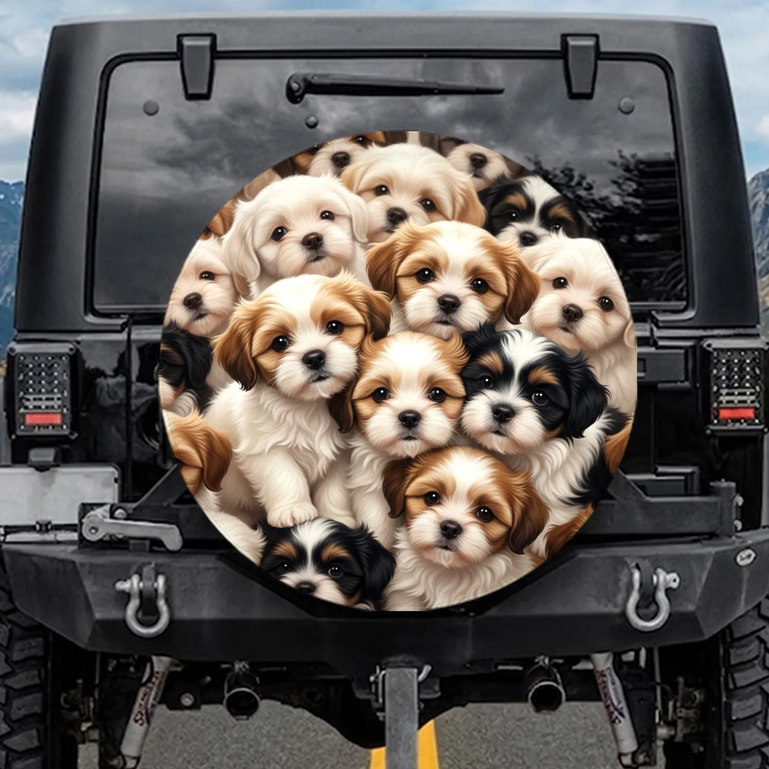 Fluffy Shih Tzu Puppy Pile - Dog Lover Gift for Pet Parents Spare Tire Cover - 1