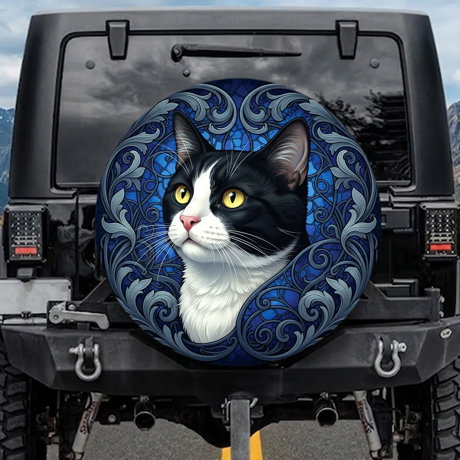 Tuxedo Cat Swirling Foliage - Home Decor Gift for Cat Lover Spare Tire Cover - 1