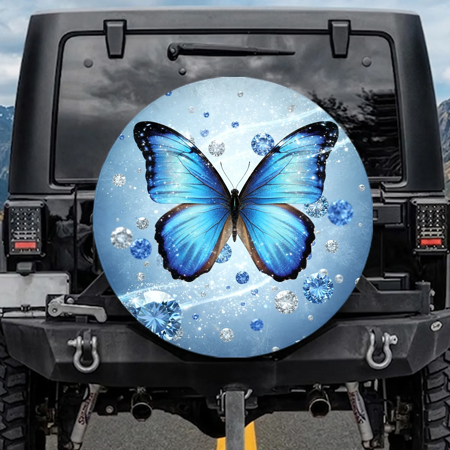 Brilliant Iridescent Blue Morpho Butterfly Diamonds Gemstones - Nature Lover Gift Spare Tire Cover - 1
