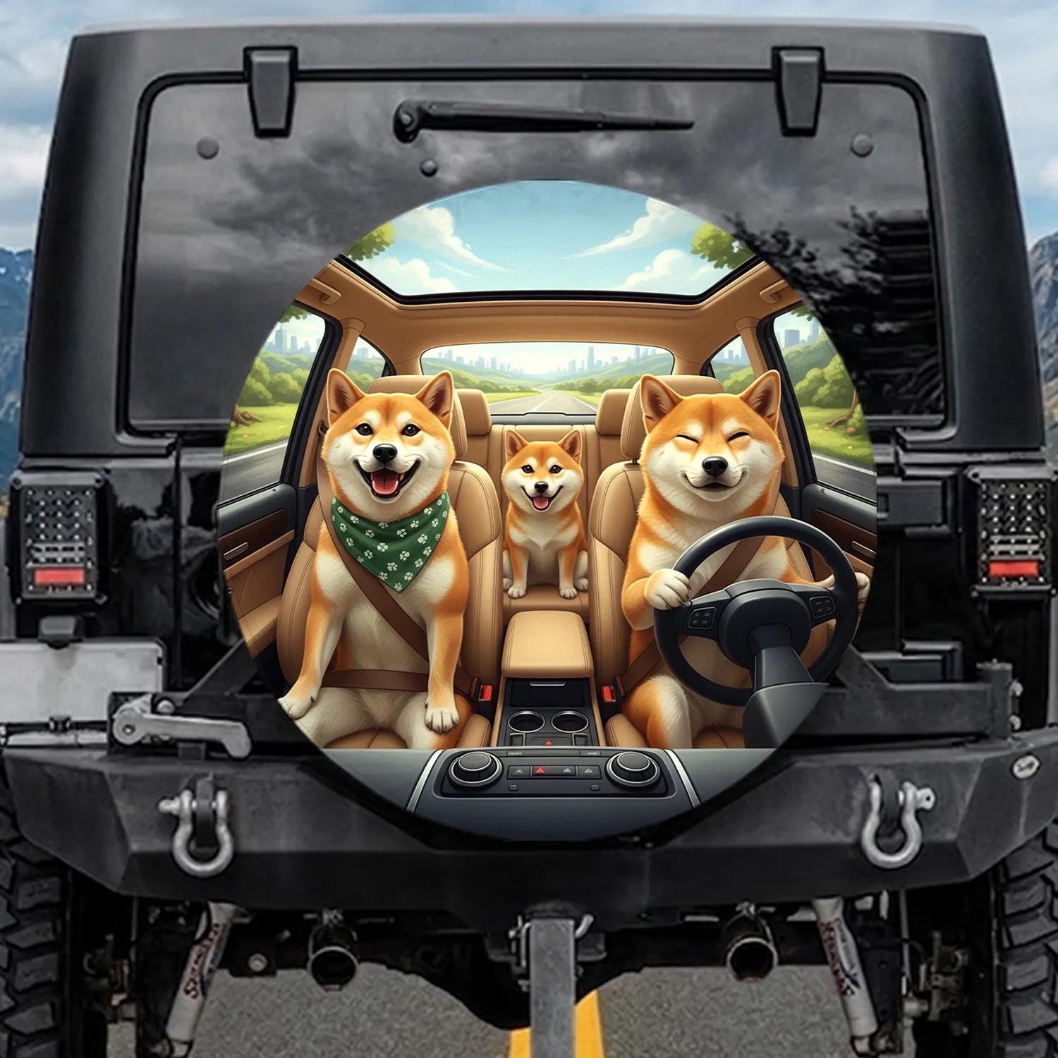 Three Happy Shiba Inu Dogs Car Ride Adventure Travel Essentials Dog Lover Gift Spare Tire Cover - 1