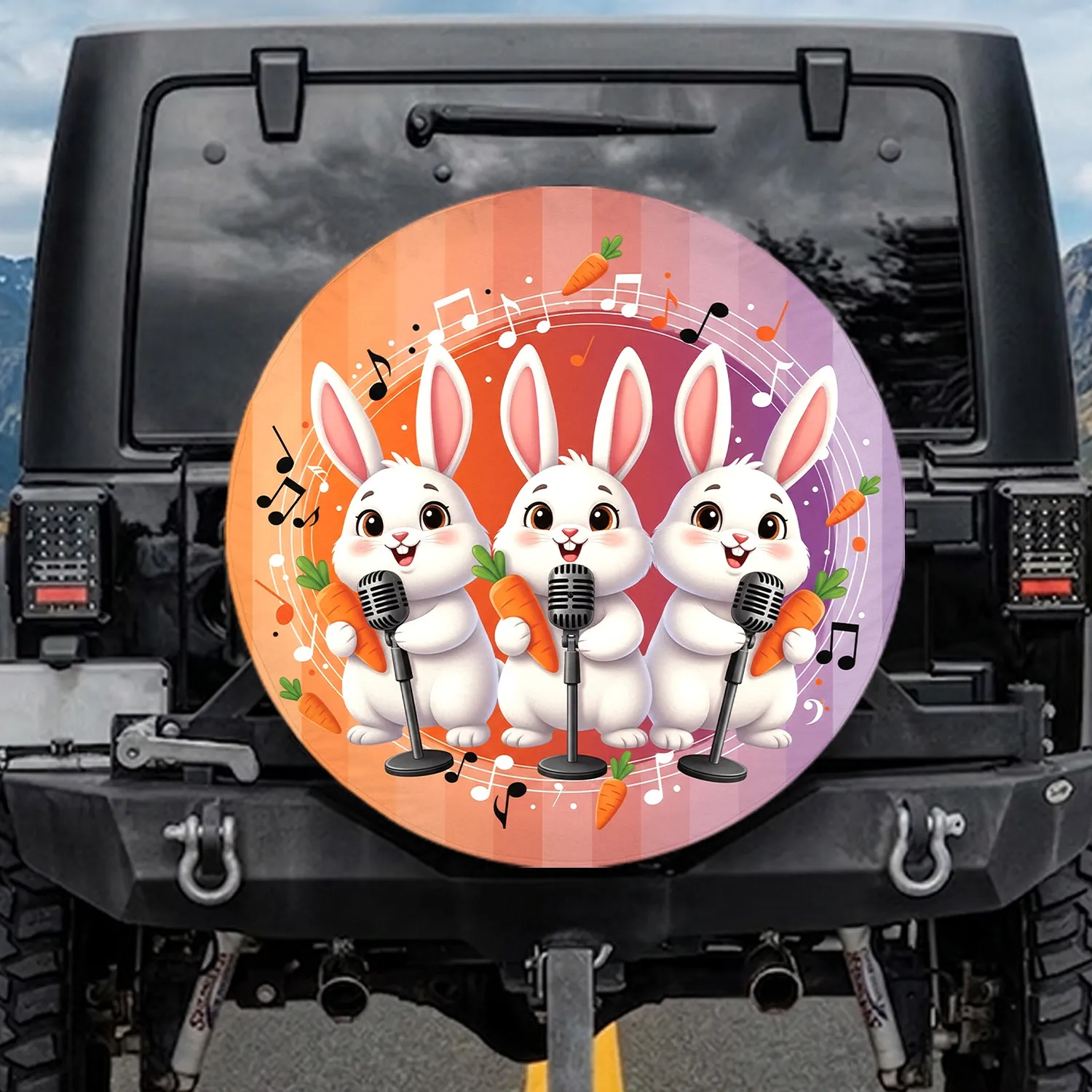 Three White Rabbits Carrots Microphones Music Notes Stripes - Kids Room Decor Gift Spare Tire Cover - 1