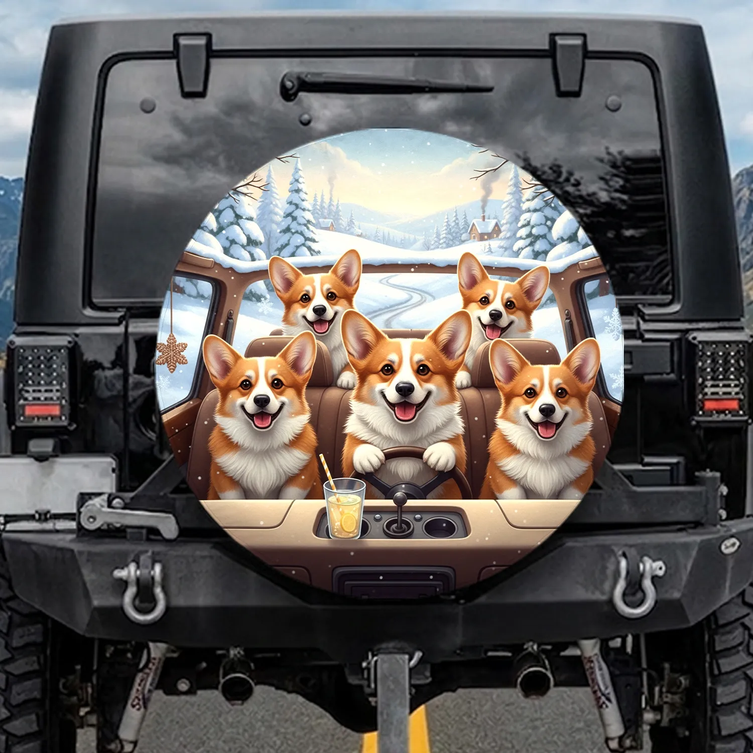 Five Cheerful Corgi Dogs Winter Wonderland Road Trip - Corgi Lover Vehicle Decor Gift Spare Tire Cover - 1