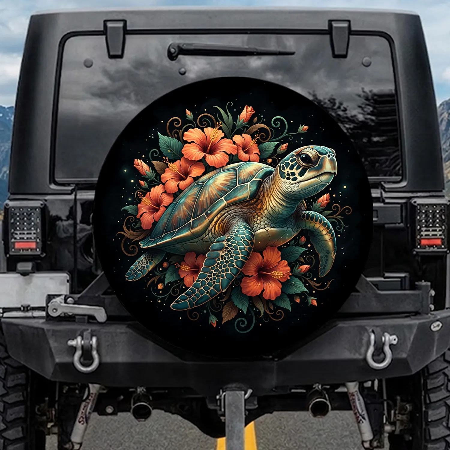 Sea Turtle Tropical Hibiscus Foliage - Ocean Lover Home Decor Gift Spare Tire Cover - 1