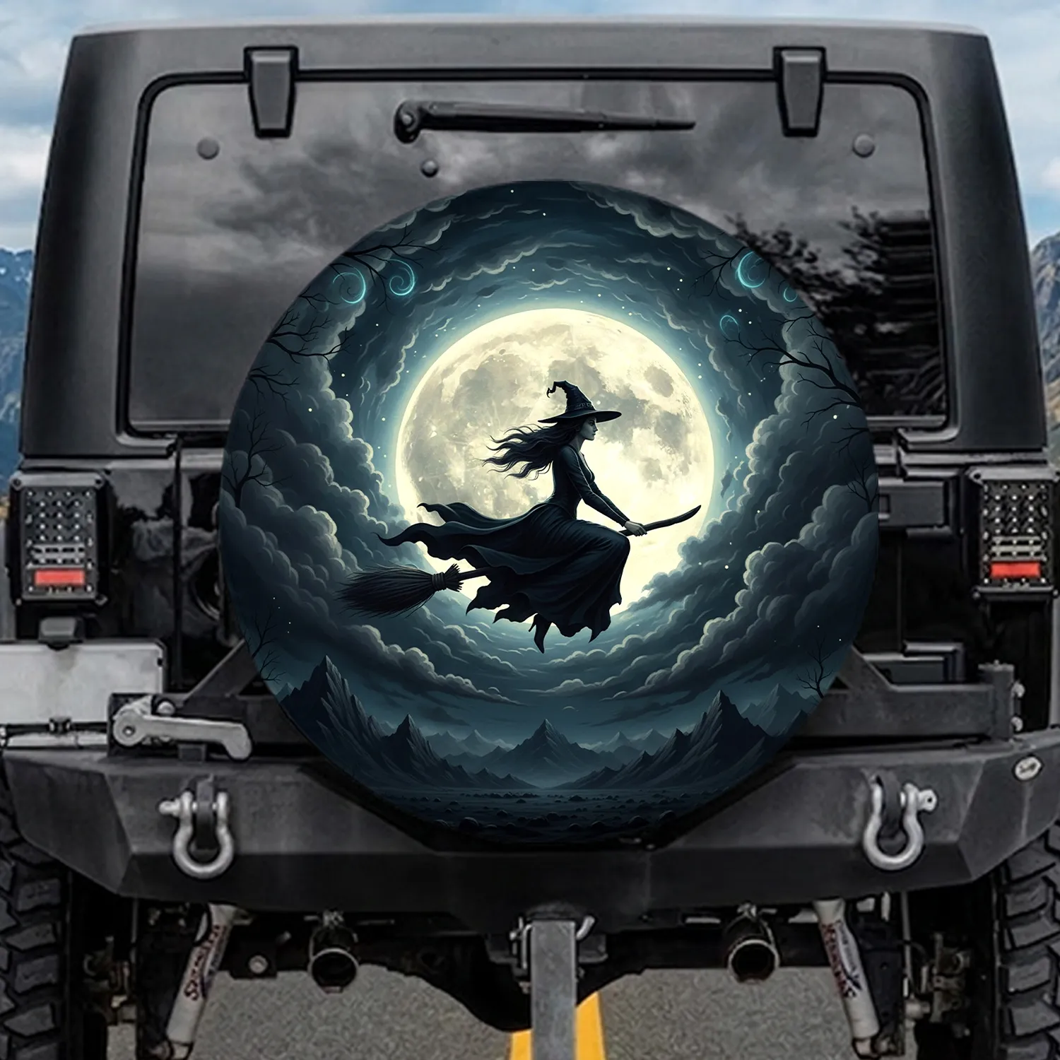 Witch on Broomstick Full Moon Storm Clouds - Halloween Party Fantasy Lover Spare Tire Cover - 1