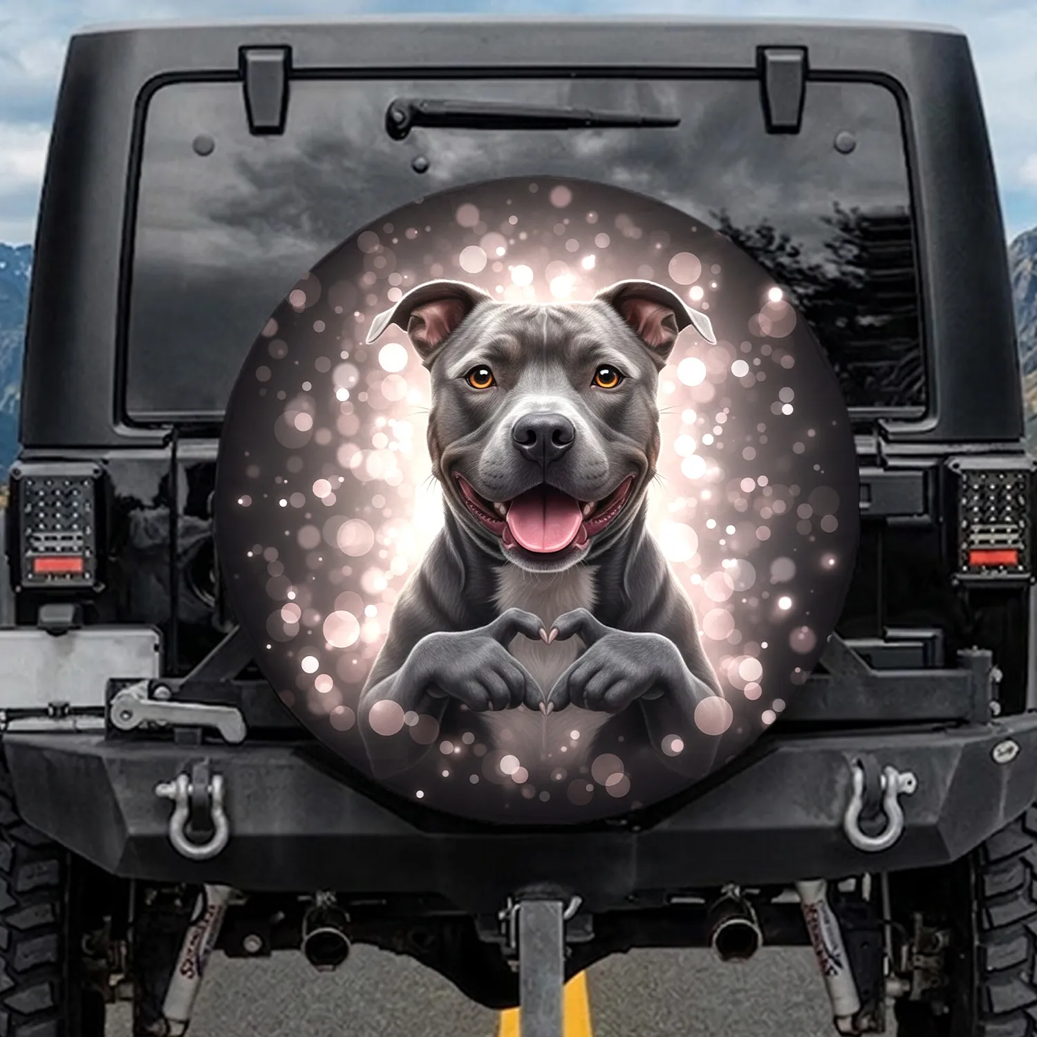 Expressive Smiling Pitbull Dog Paws Forming Clean Heart - Pet Lover Gift for Dog Owners Spare Tire Cover - 1