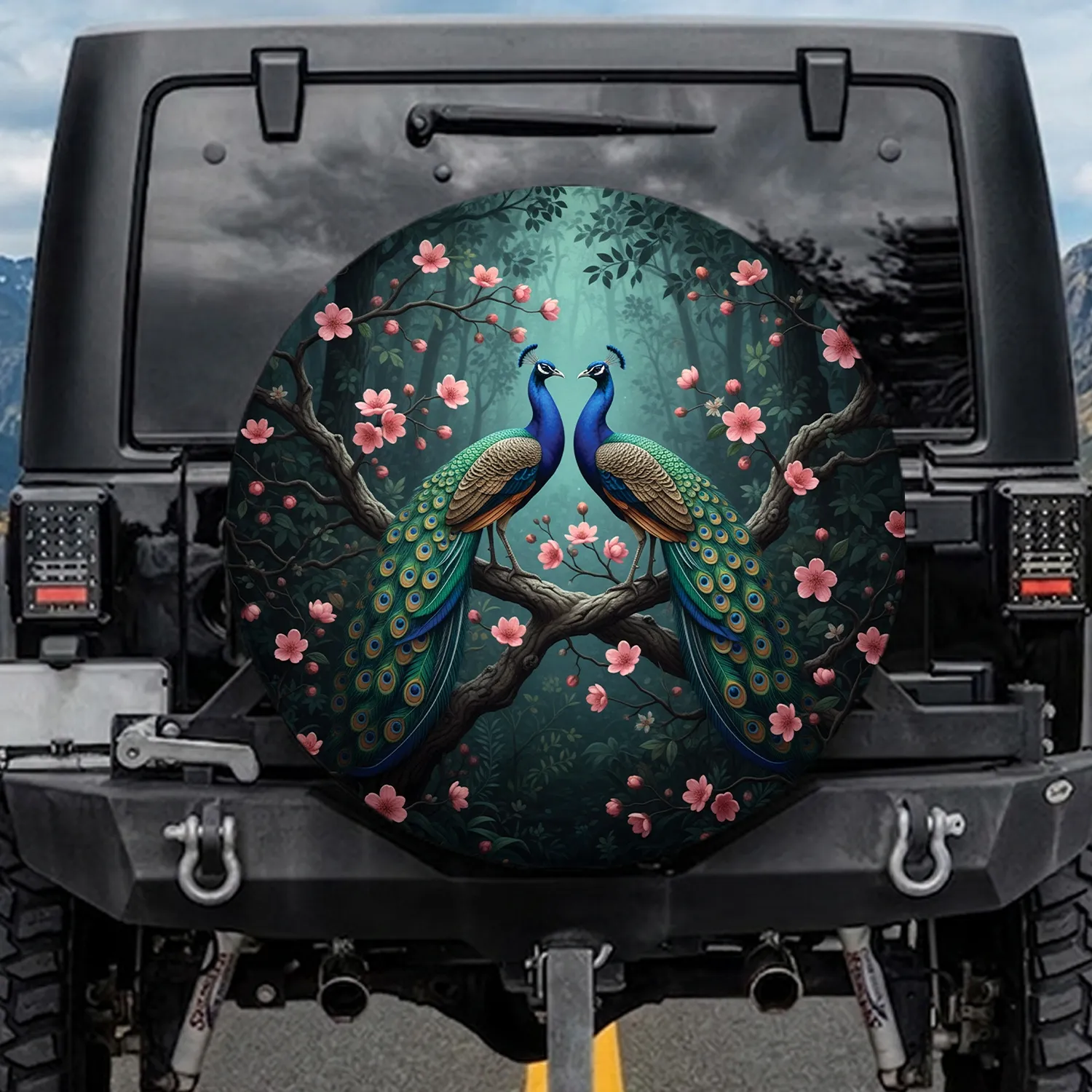 Majestic Indian Peacocks Pink Orange Blossoms Garden - Wildlife Lover Gift Spare Tire Cover - 1