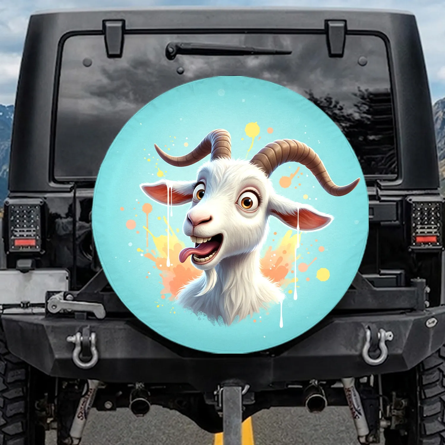 White Goat Wide-Eyed Expression - Farmhouse Decor Gift for Goat Lover Spare Tire Cover - 1