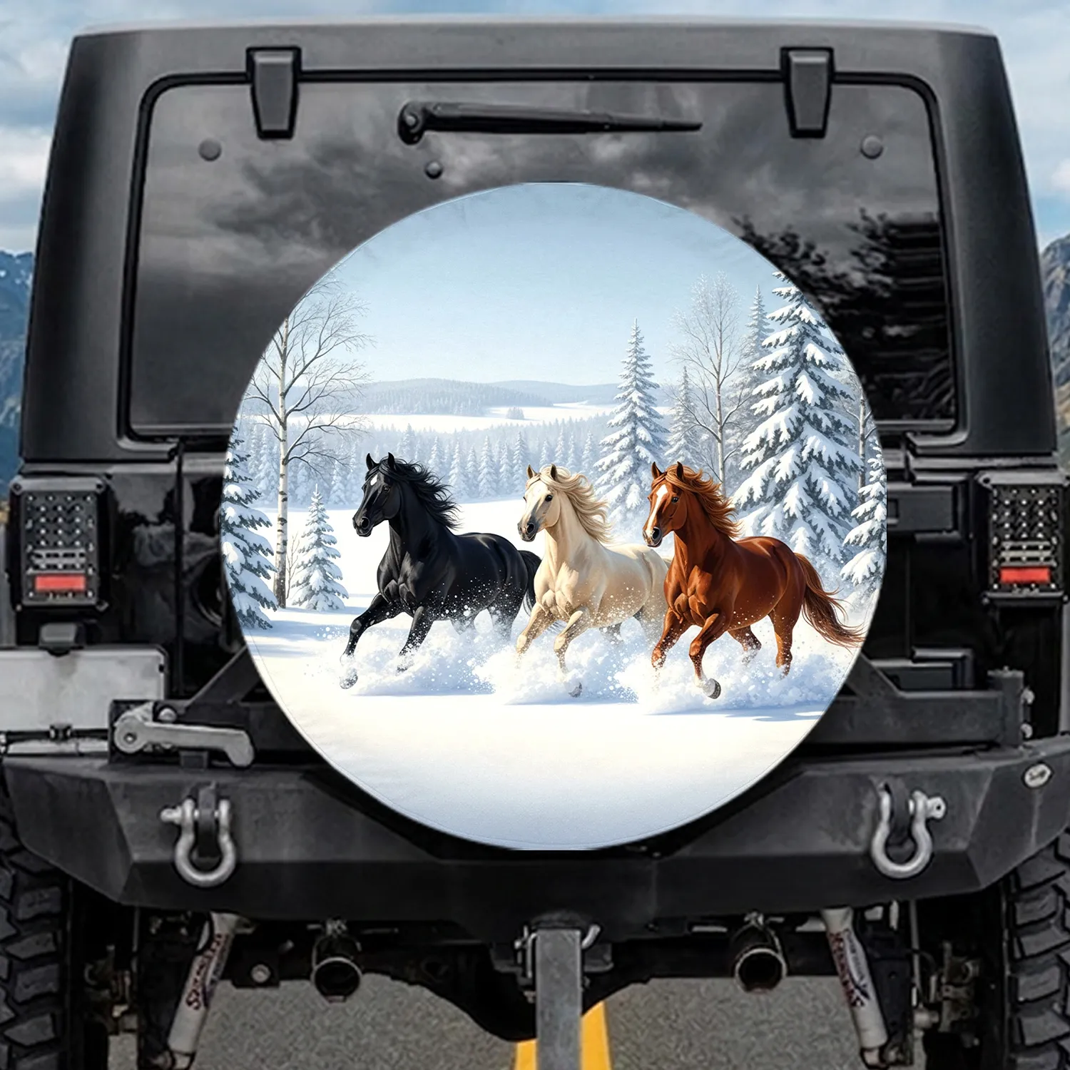 Black White Chestnut Galloping Horses Deep Snow Winter Forest - Wildlife Lover Gift Spare Tire Cover - 1