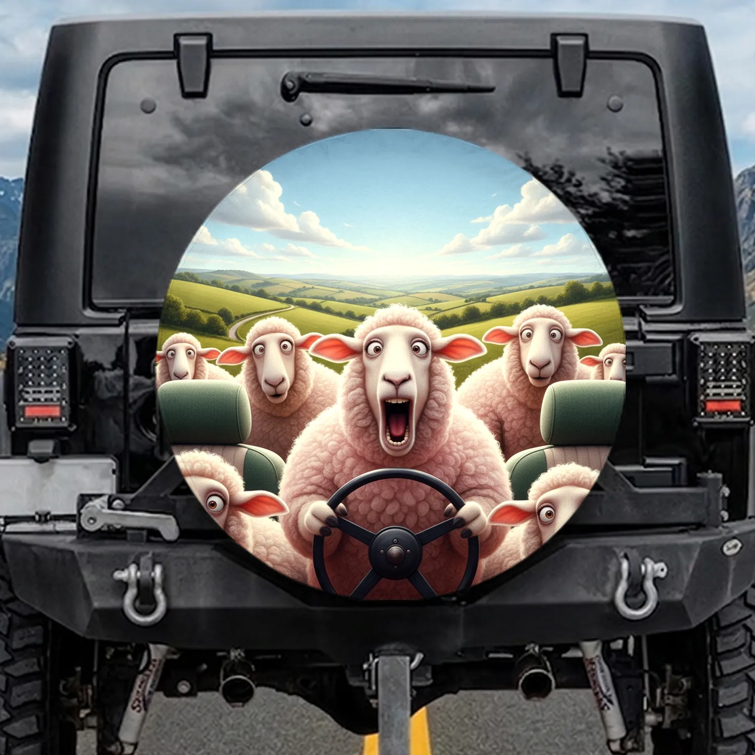 Comical Sheep Gathering Rural Hills - Farmhouse Decor Gift for Sheep Lovers Spare Tire Cover - 1