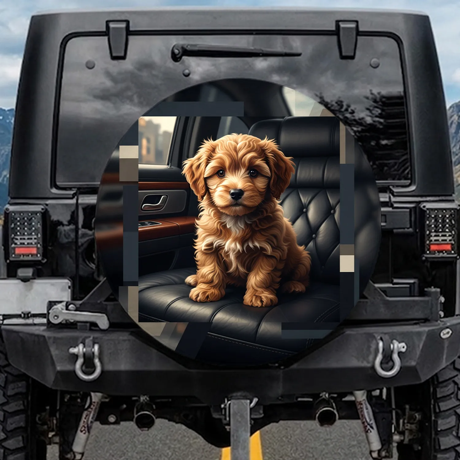Small Golden-Brown Puppy Bright Eyes Dark Upholstery Interior - Dog Lover Gift Spare Tire Cover - 1