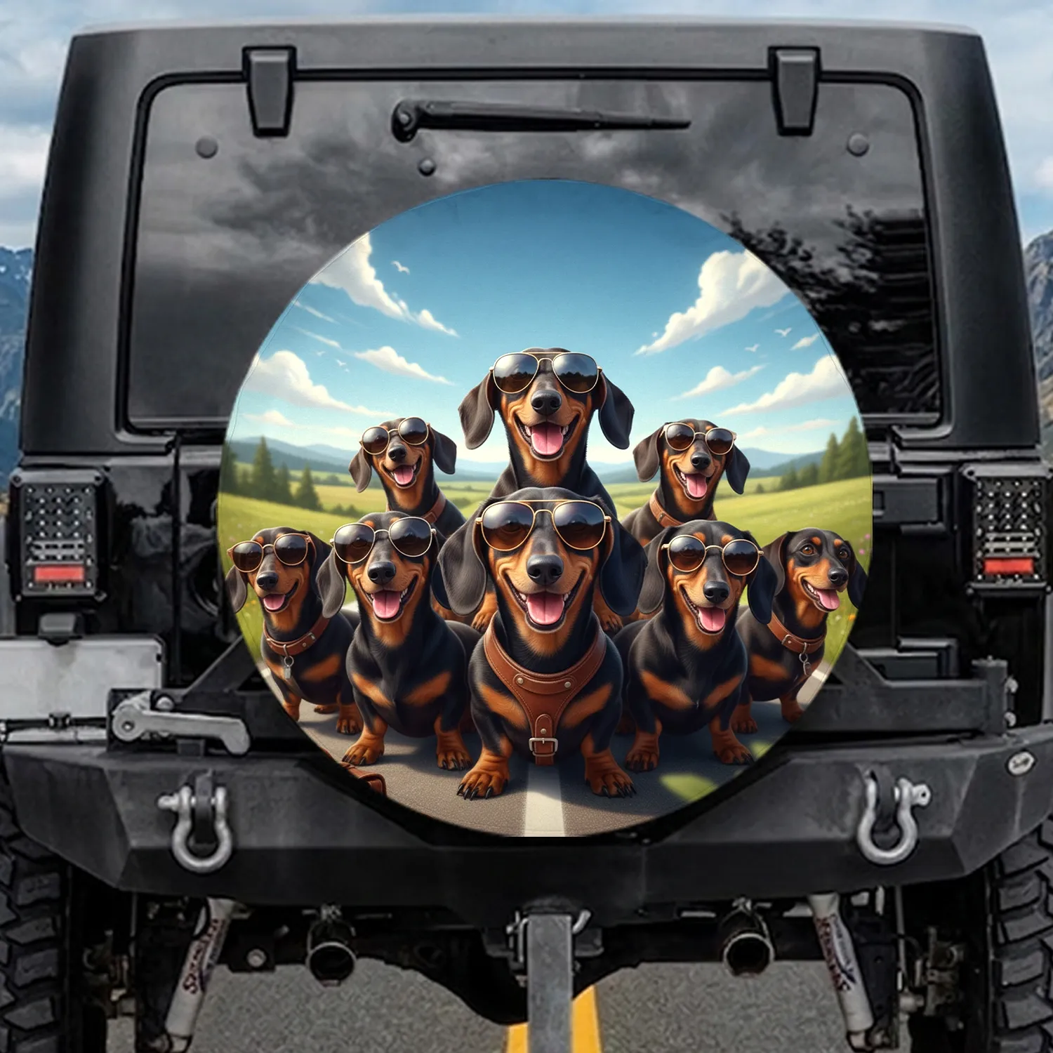 Sunglass Dachshund Dogs Open Road - Adventure Travel Gift for Dog Lovers Spare Tire Cover - 1