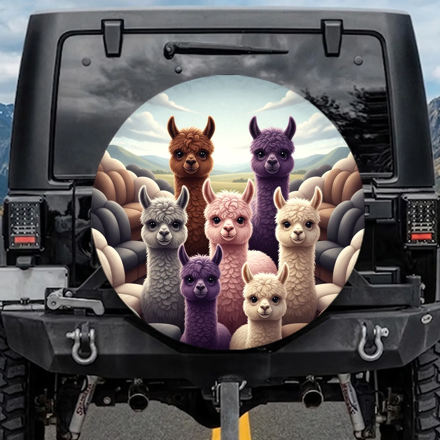 Fluffy Alpacas with Plush Seating Outdoor Landscape - Travel Essentials Alpaca Lover Gift Spare Tire Cover - 1