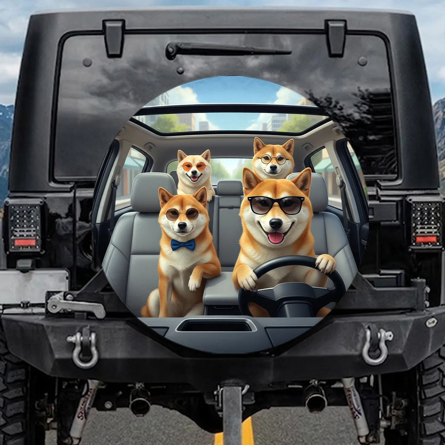 Four Shiba Inus Driving Urban Journey - Adventure Road Trip Dog Lover Gift Spare Tire Cover - 1