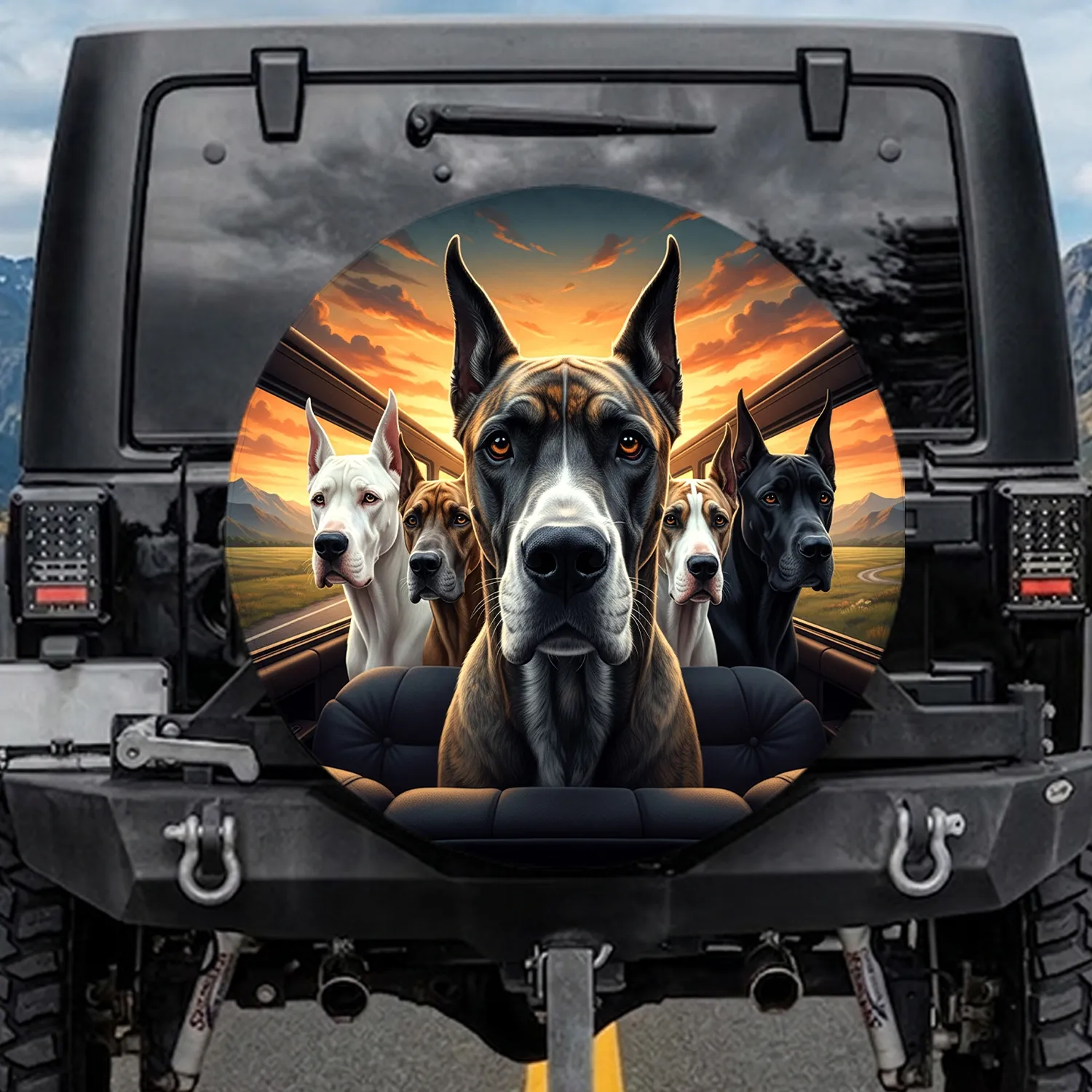 Five Great Danes Sunset Road Trip - Dog Lover Adventure Gift Spare Tire Cover - 1