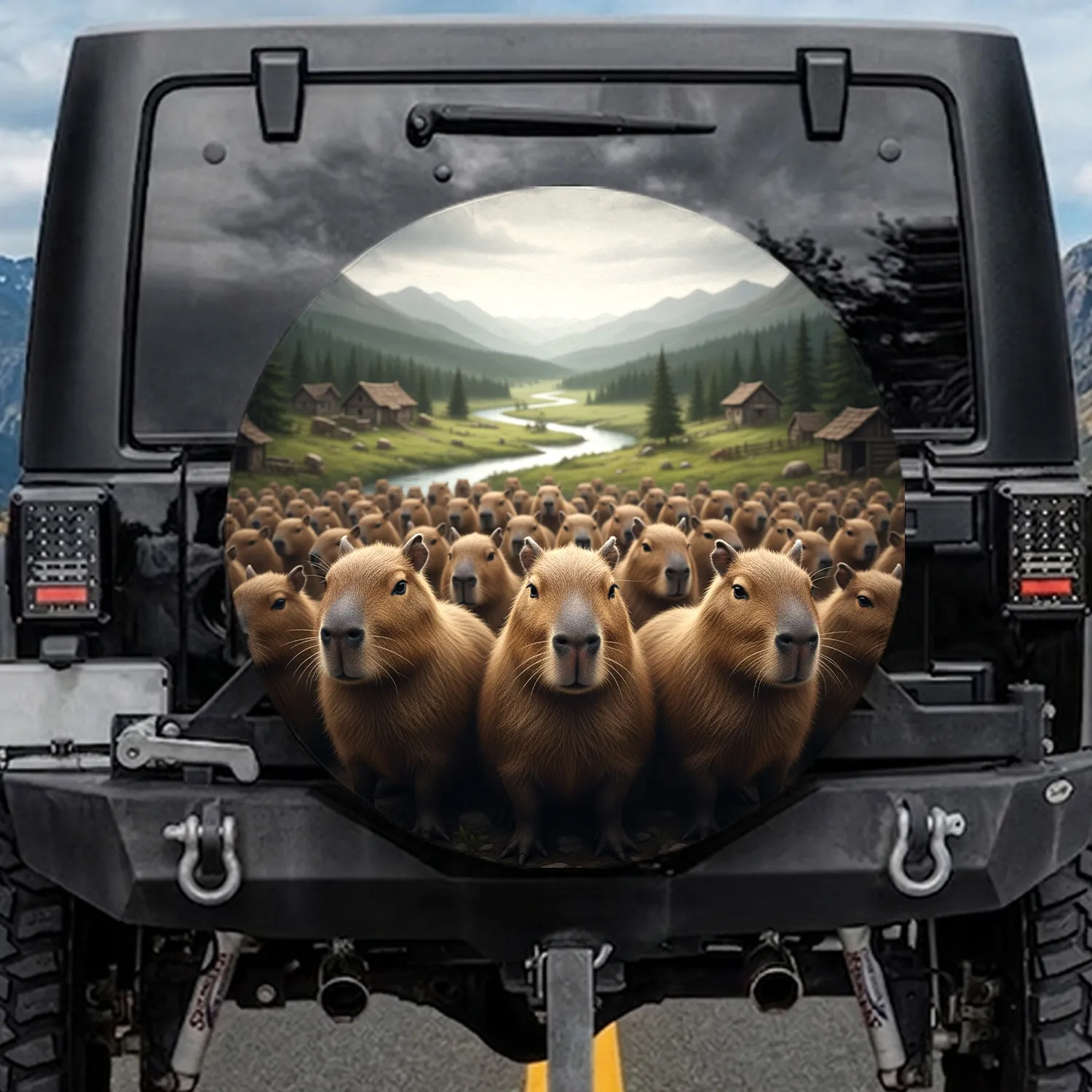 Capybara Group River Valley Landscape - Wildlife Lover Gift Spare Tire Cover - 1