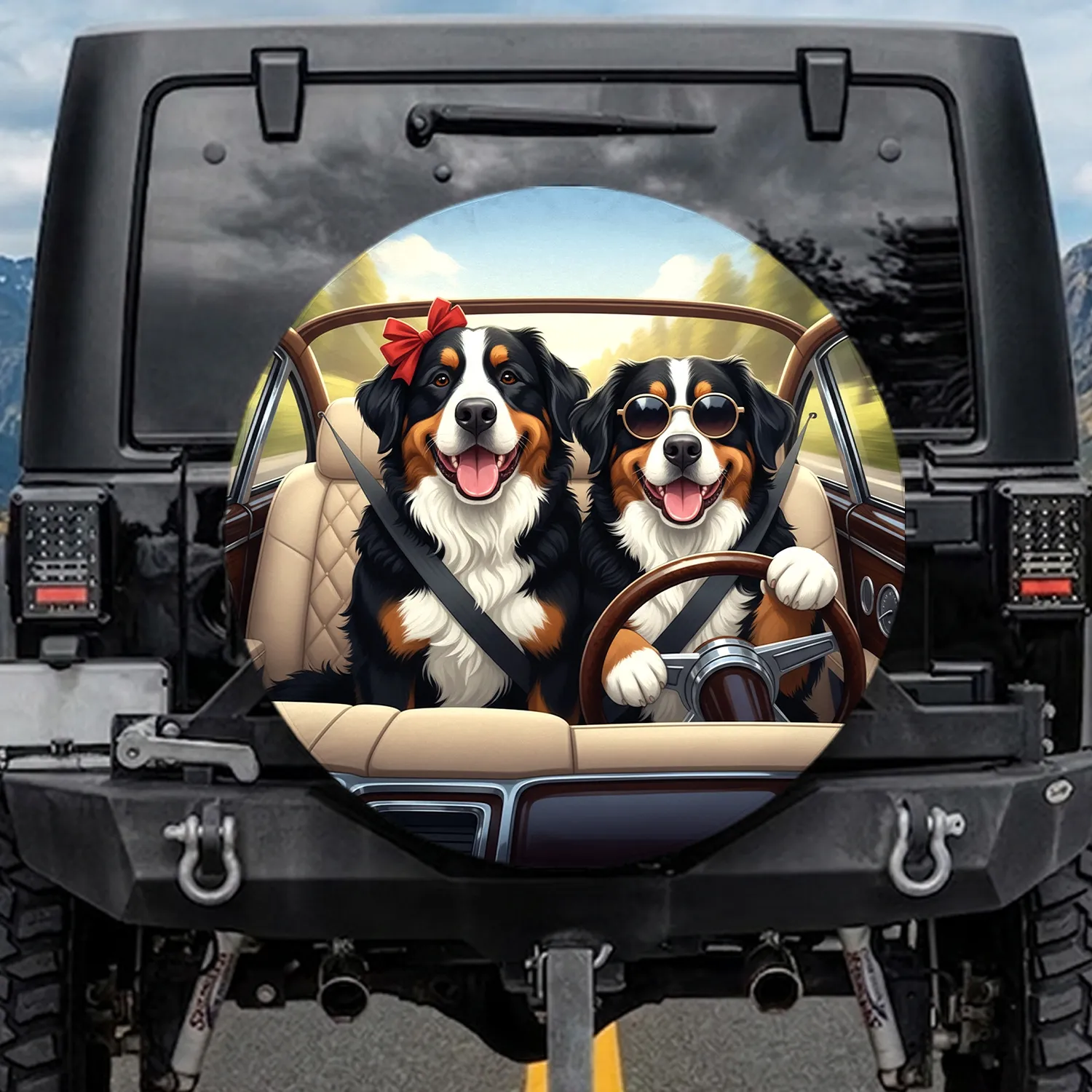 Bernese Mountain Dogs Driving Road Trip - Travel Essentials Gift for Dog Owners Spare Tire Cover - 1