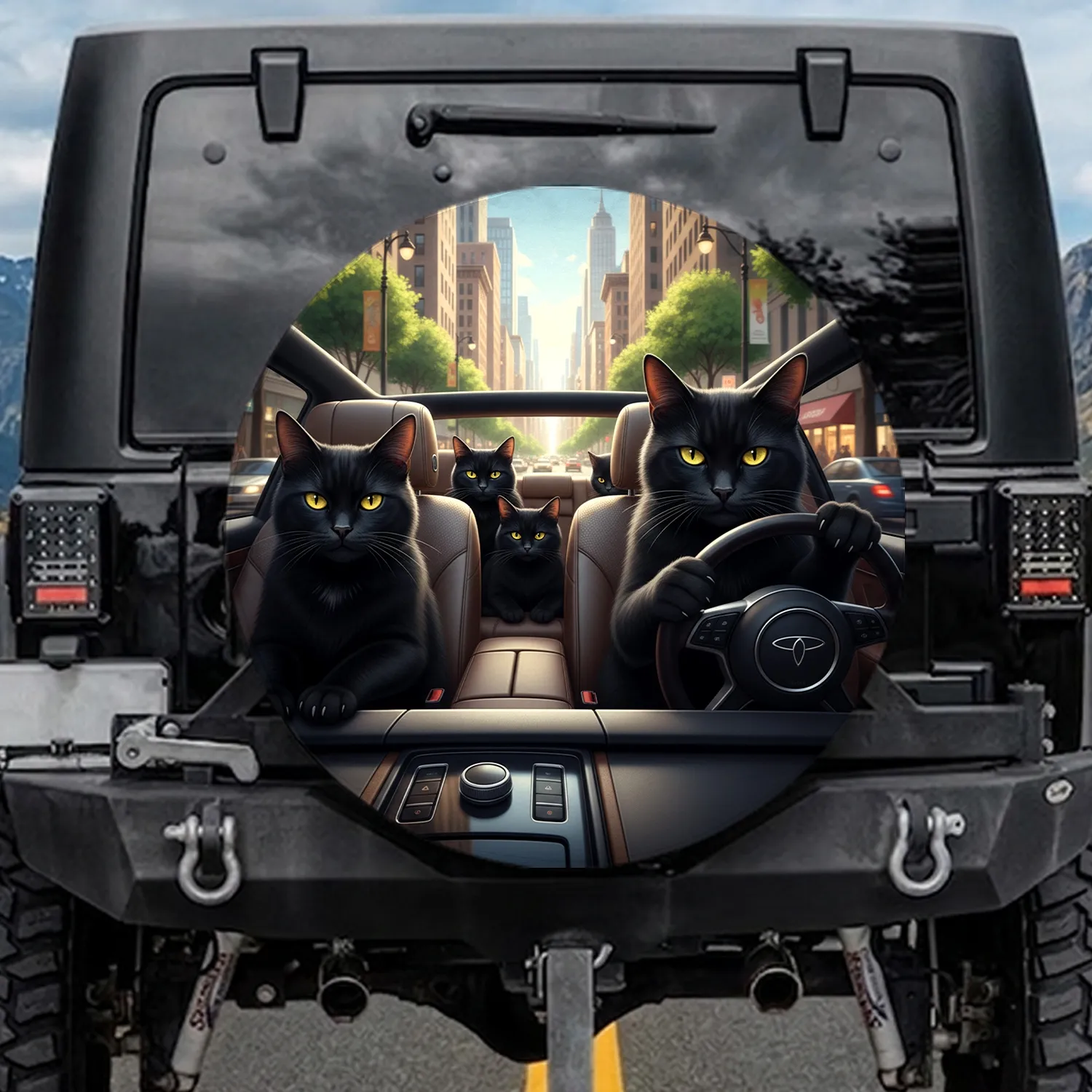 Black Cats Driving Car City Street - Everyday Cat Lover Gift Spare Tire Cover - 1