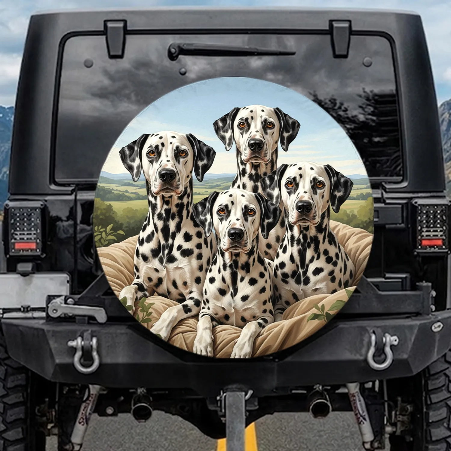 Four Dalmatian Dogs Spotted Coats Amber Eyes Rolling Hills Scenic Vista - Dog Lover Gift Spare Tire Cover - 1