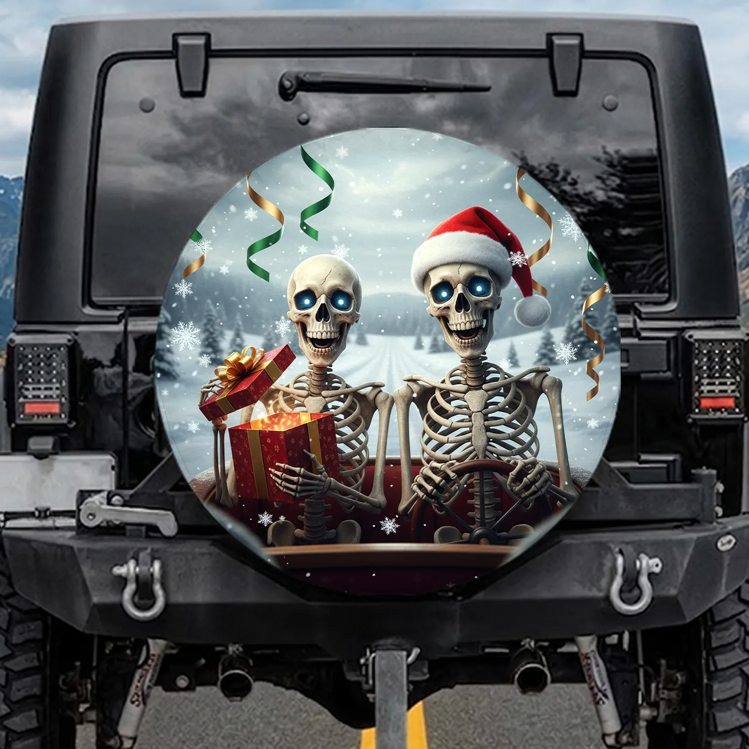 Santa Skeletons Driving Christmas Gift - Winter Holiday Road Trip Spare Tire Cover - 1