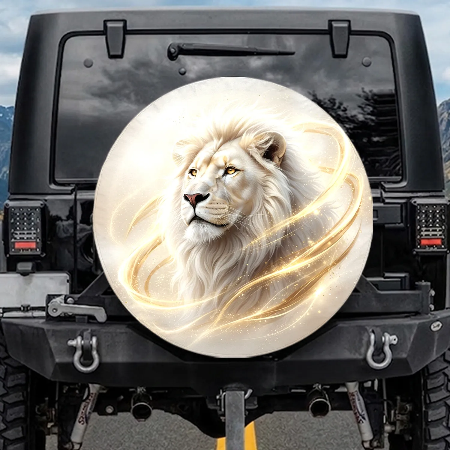 White Lion Head Golden Eyes Flowing Fur Ethereal Gold Swirls - Wildlife Lover Gift Spare Tire Cover - 1