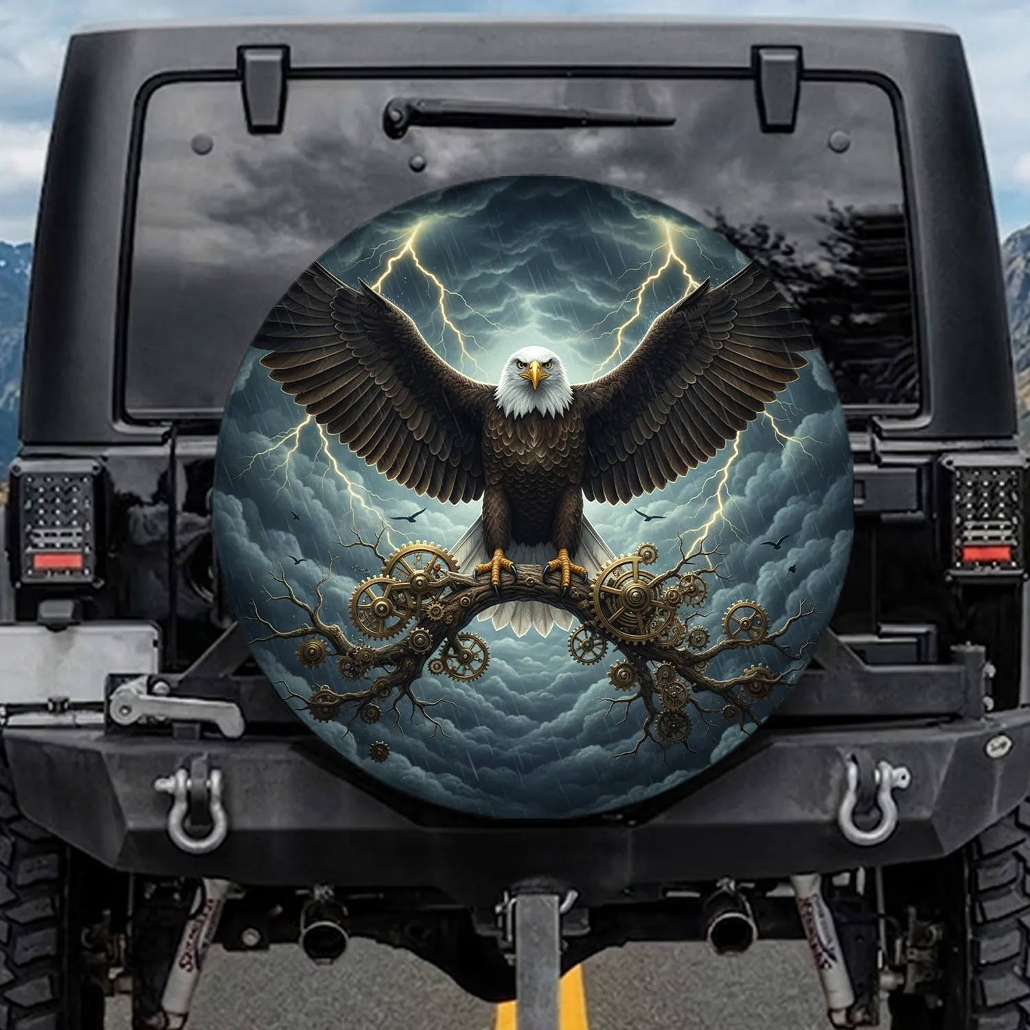 Bald Eagle Outspread Wings Lightning Storm Gnarled Branch - Outdoor Travel Gear Gift Spare Tire Cover - 1