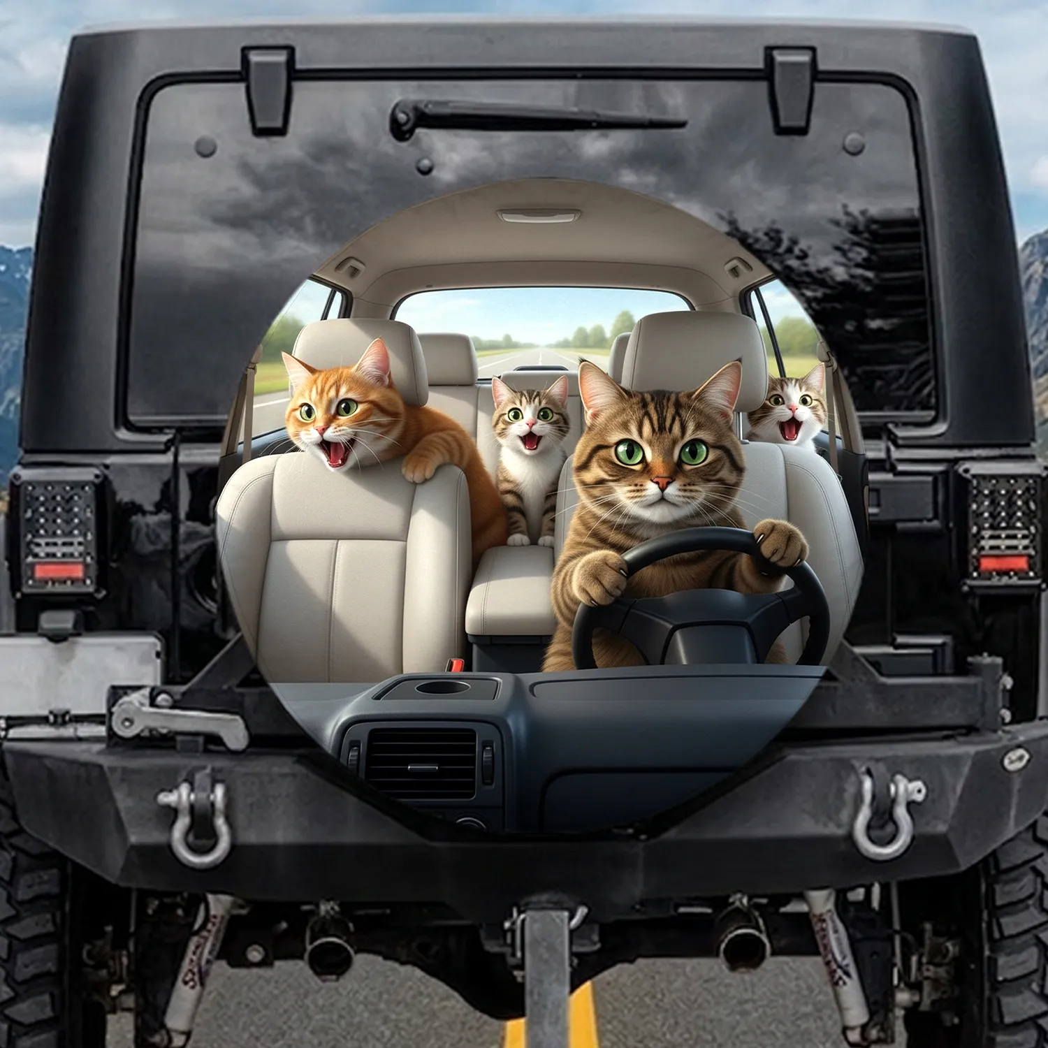 Brown Tabby Ginger Cats Driving Vehicle - Road Trip Fun Gift for Cat Lovers Spare Tire Cover - 1