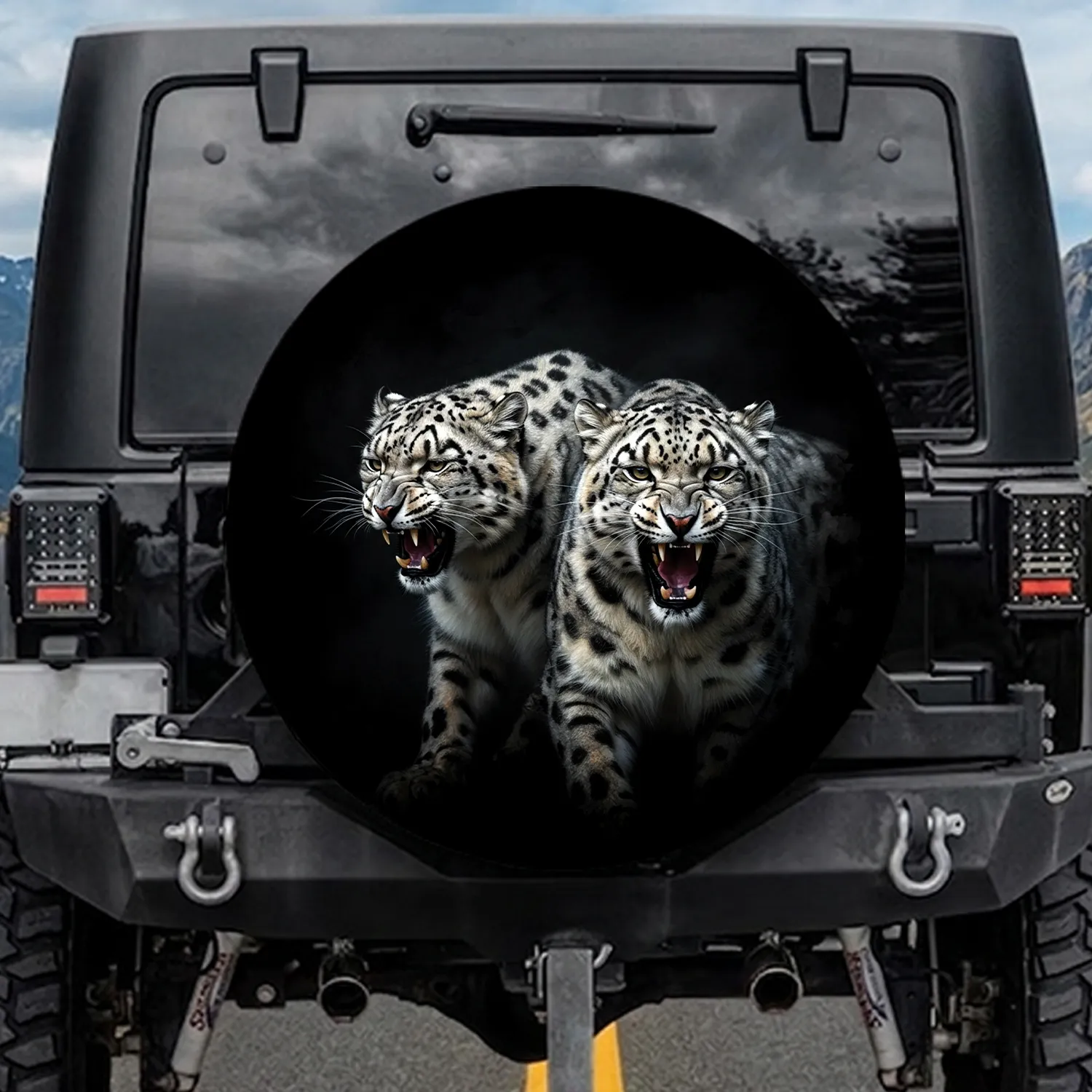 Black Spotted Snow Leopards Fierce Snarl Portrait - Wildlife Lover Gift for Animal Lover Spare Tire Cover - 1