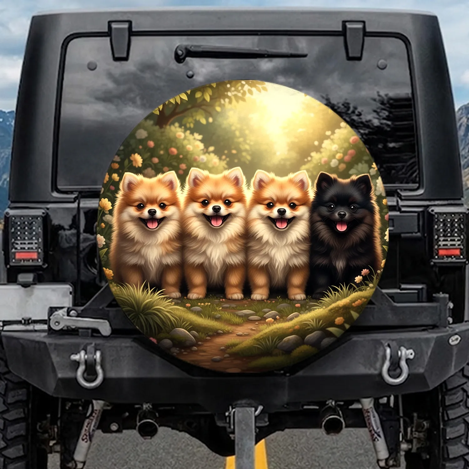 Five Fluffy Pomeranian Puppies Garden Scene - Dog Lover Gift for Pet Owners Spare Tire Cover - 1