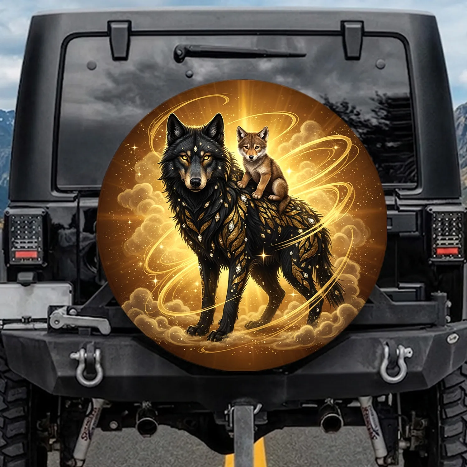 Majestic Golden Wolf Cub Guardian - Fantasy Lover Gift Spare Tire Cover - 1