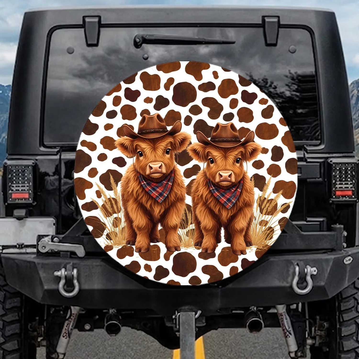 Baby Highland Calves Cowboy Hat - Farmhouse Home Decor Gift for Cow Lover Spare Tire Cover - 1
