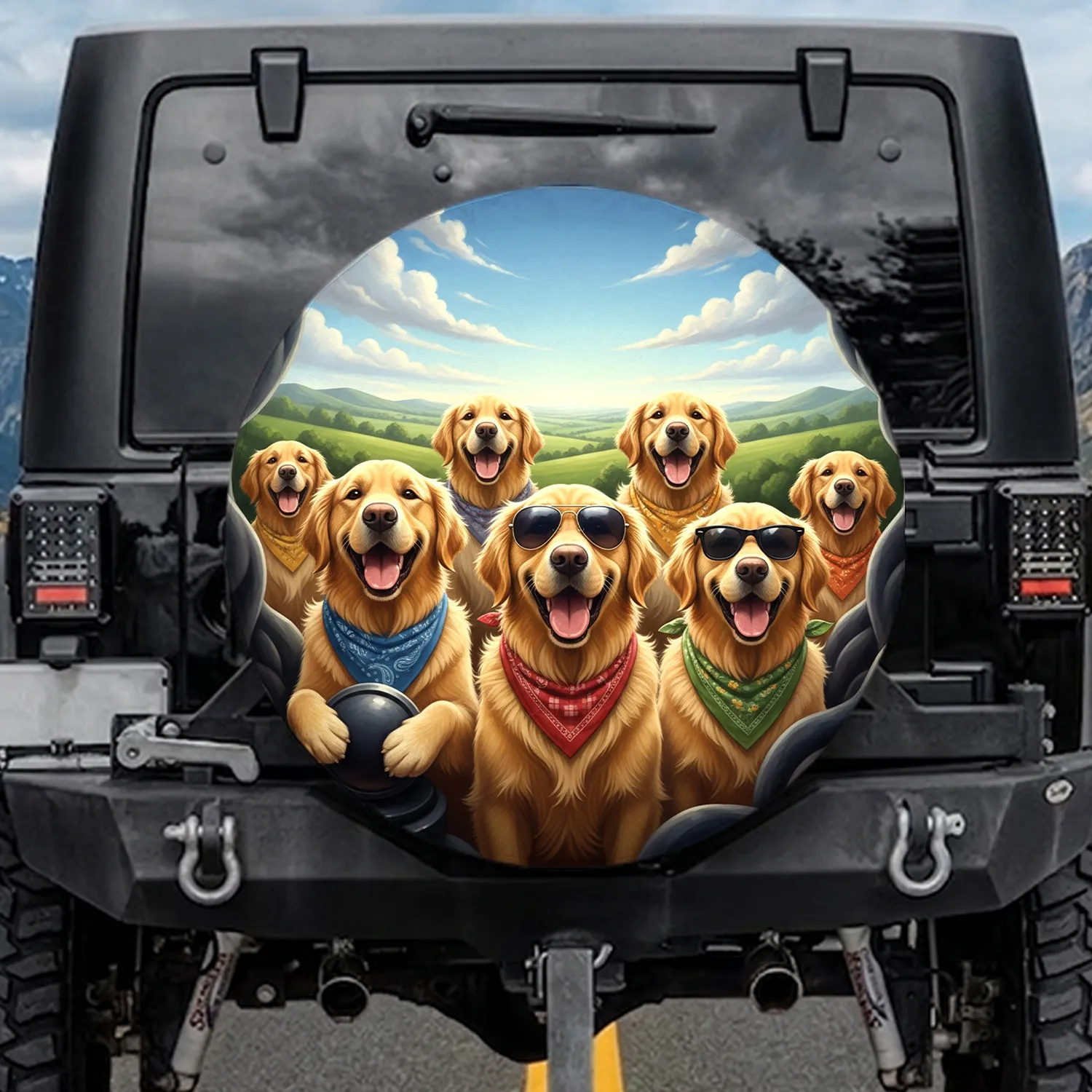 Jubilant Golden Retrievers Sunglasses Verdant Hills Vista - Outdoor Dog Lover Gift Spare Tire Cover - 1