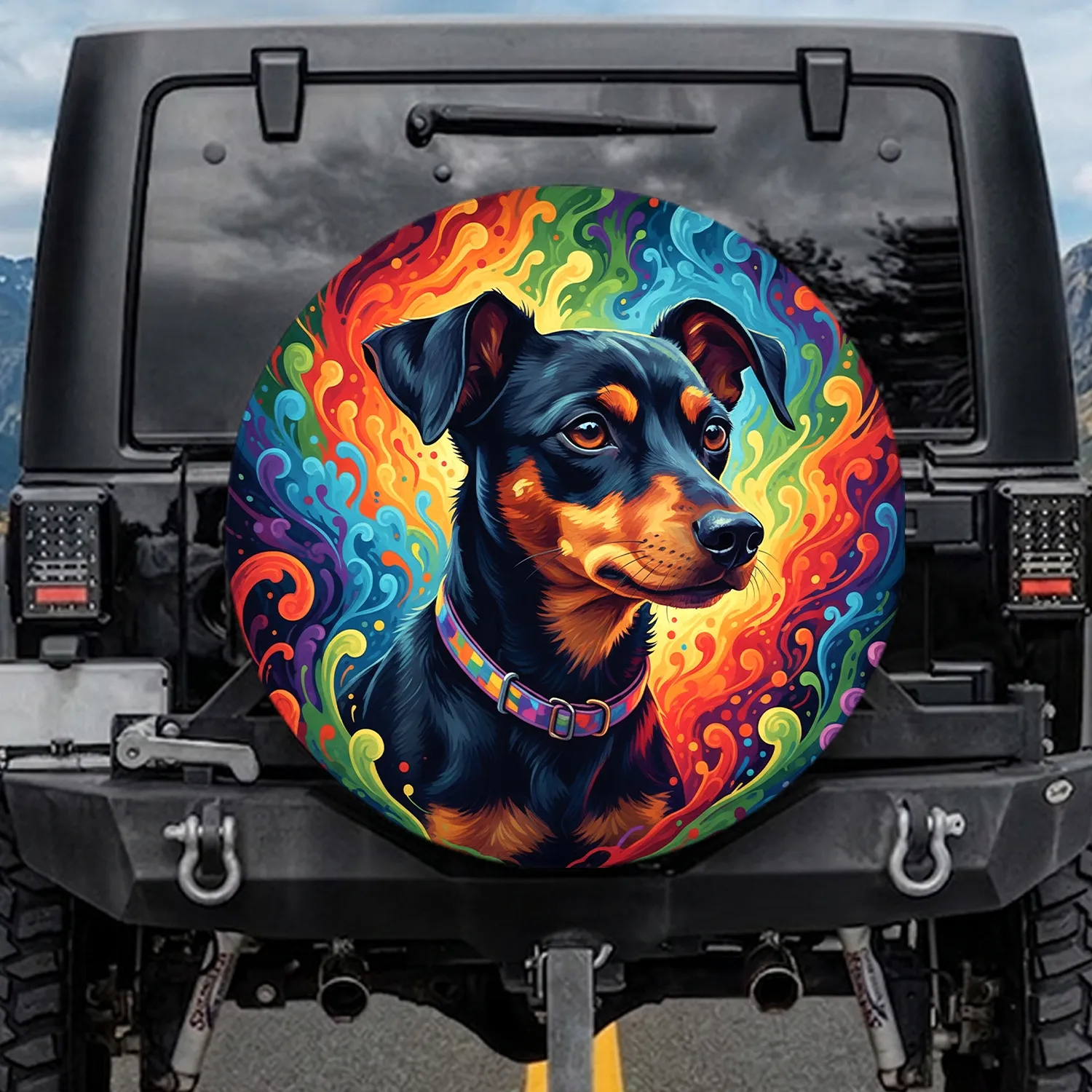 Miniature Pinscher Dog Rainbow Stripes Collar - Dog Lover Home Decor Birthday Gift Spare Tire Cover - 1