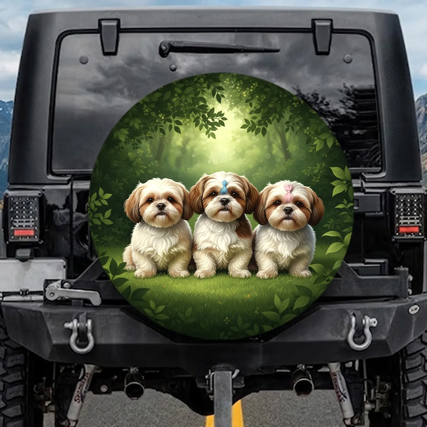 Cream Brown Shih Tzu Dogs Green Park Scene - Pet Owner Car Accessory Gift Spare Tire Cover - 1
