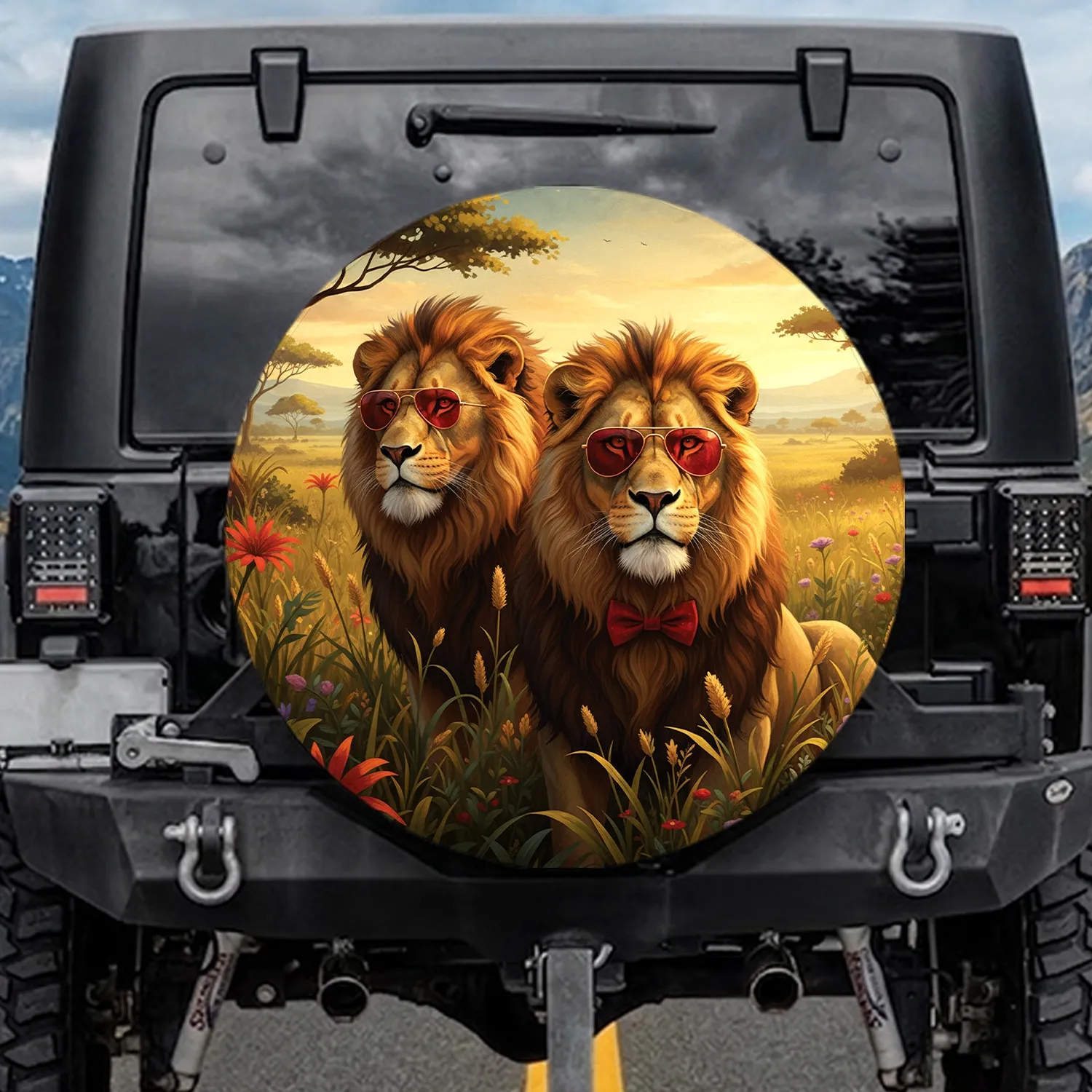Lions Red Sunglasses Savanna Foliage - Adventure Lover Gift Spare Tire Cover - 1