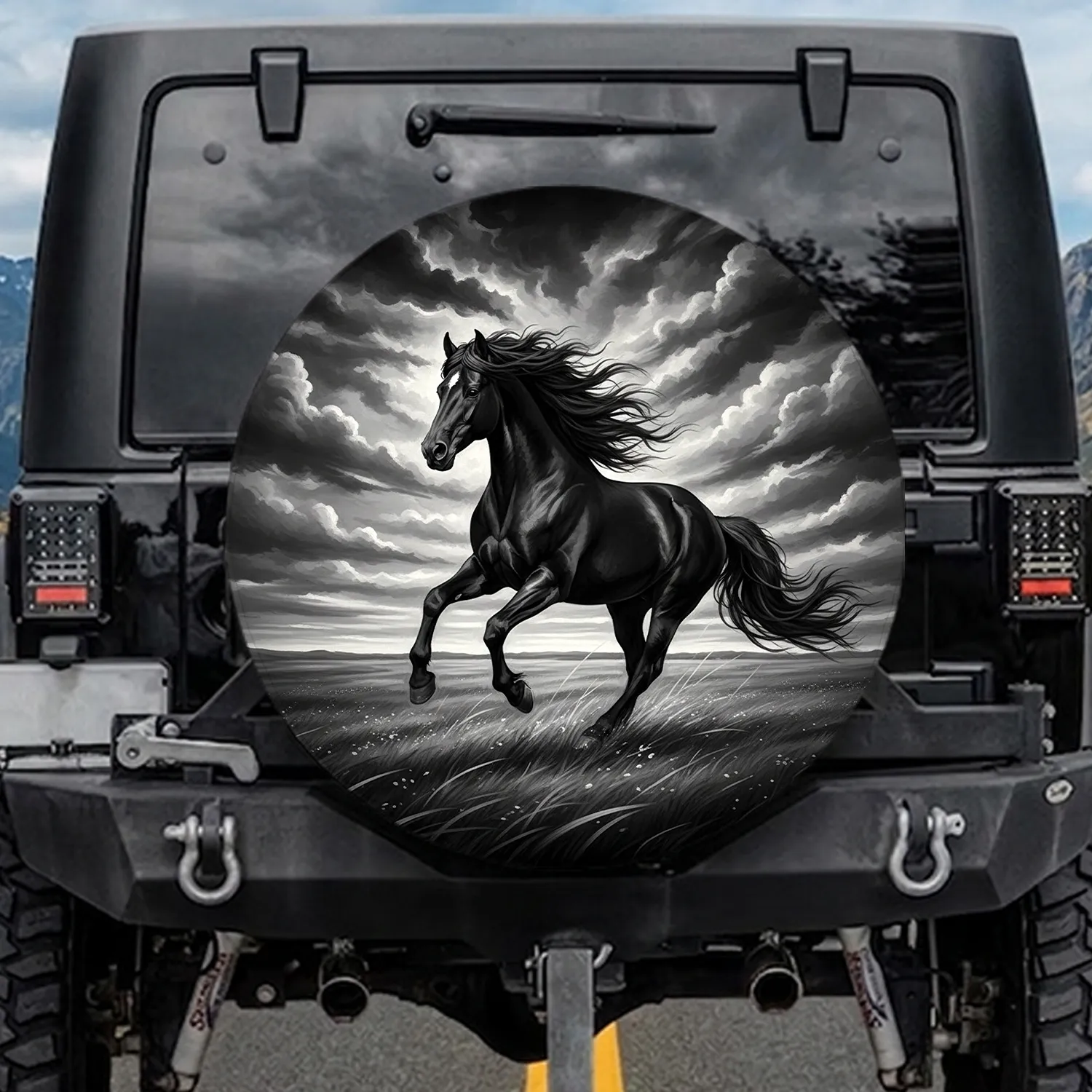 Black Horse Galloping Wind Swept Mane Cloud Sky Expansive Plain - Horse Rider Gift Spare Tire Cover - 1