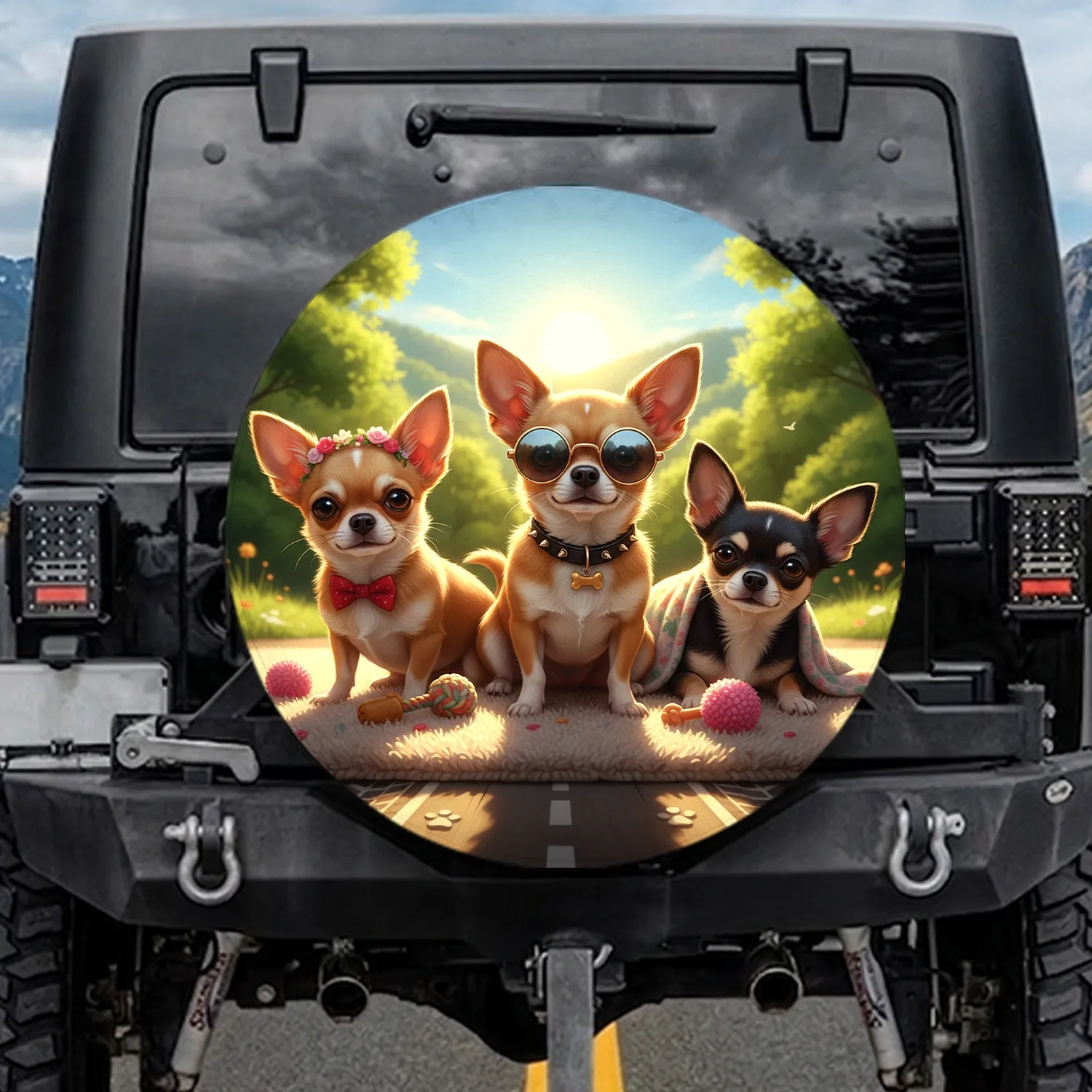 Five Chihuahua Dogs Sun-Drenched Green Landscape - Dog Lover Travel Accessory Gift Spare Tire Cover - 1