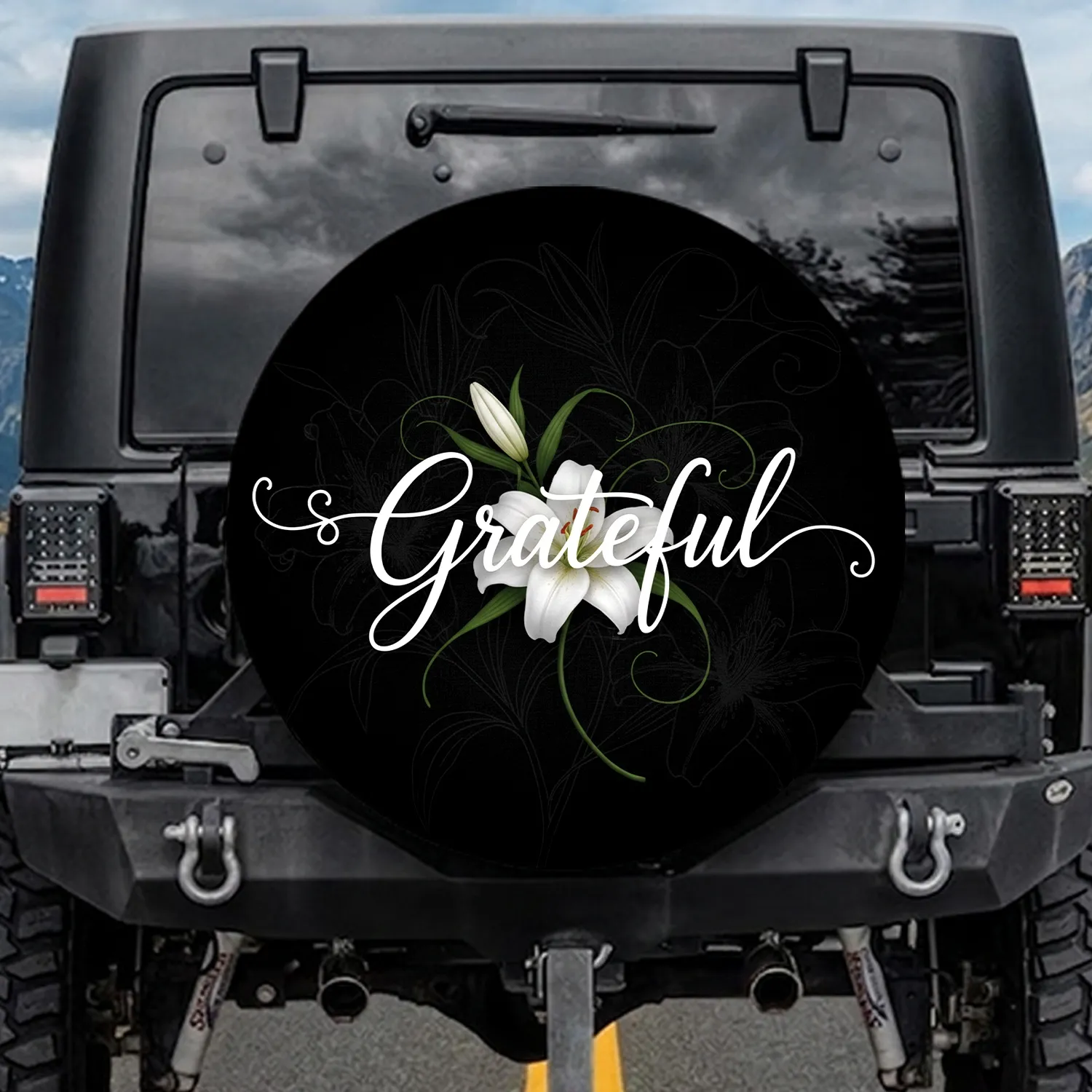 Grateful White Lily Flower Botanical Vines - Home Decor Gift Spare Tire Cover - 1