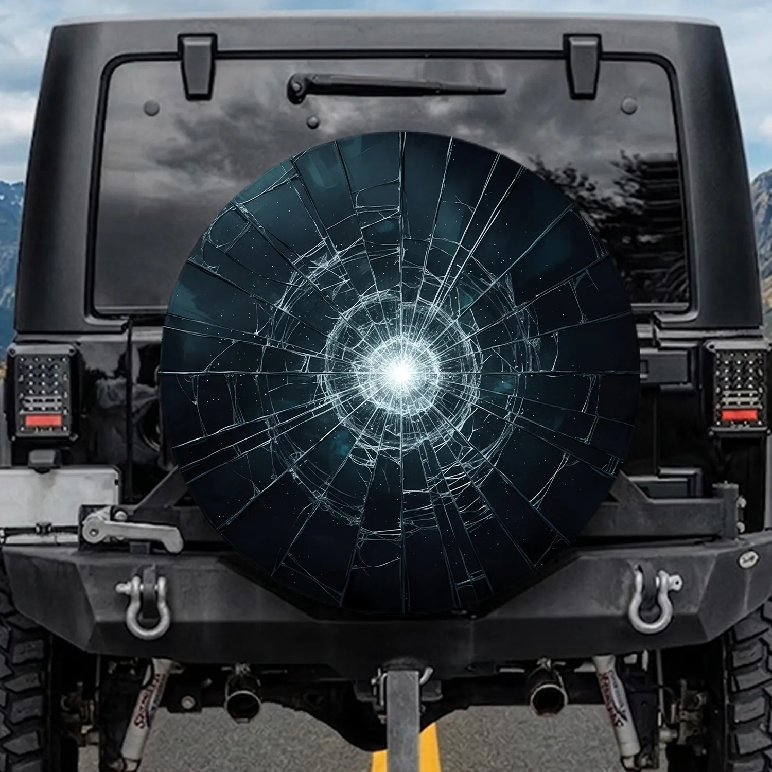 Dark Reflective Shattered Glass Fracture Spiderweb - Travel Essentials Spare Tire Cover - 1